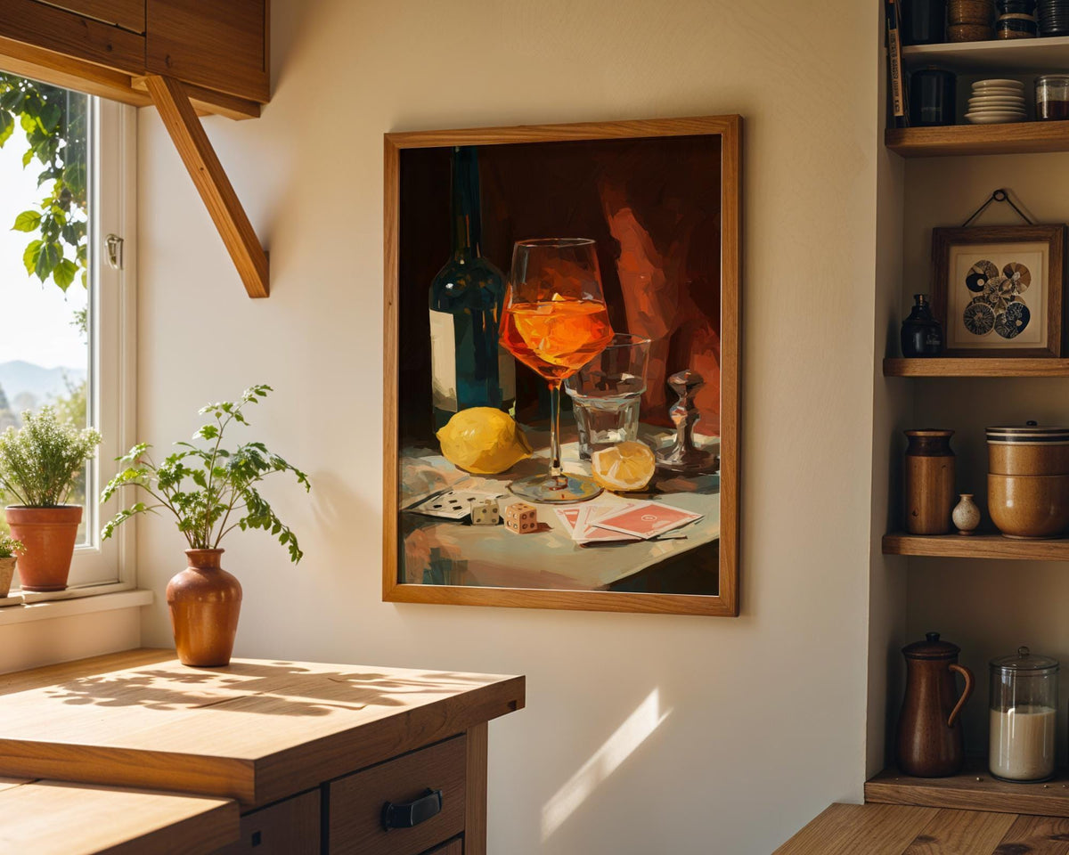 Moody Wine Martini Still Life Wall Art, Playing Cards & Dice, Dark Bar Décor, Luxury Cocktail Print, Games night by The Wa...