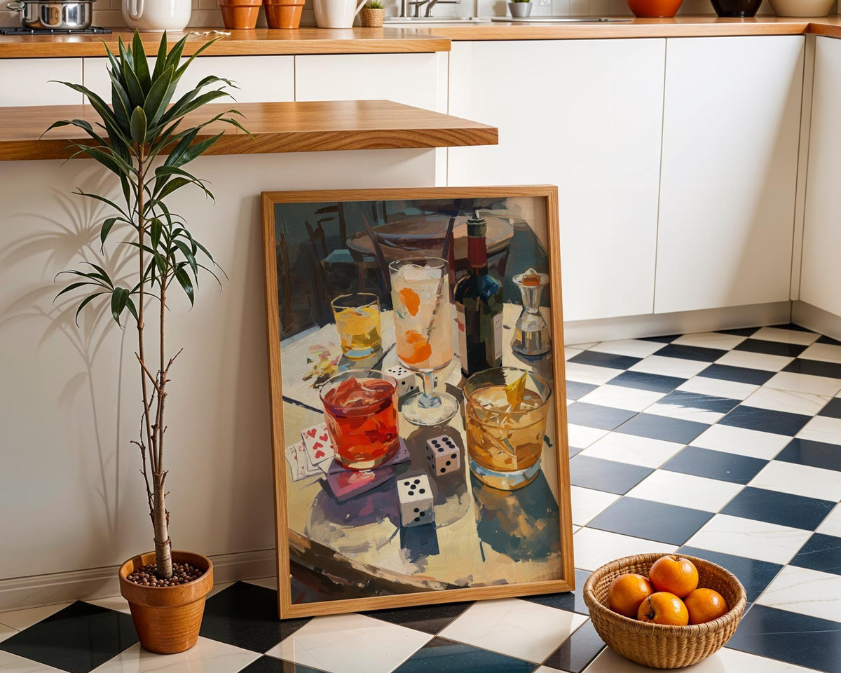 Moody Wine Martini Still Life Wall Art, Playing Cards & Dice, Dark Bar Décor, Luxury Cocktail Print, Games night by The Wa...