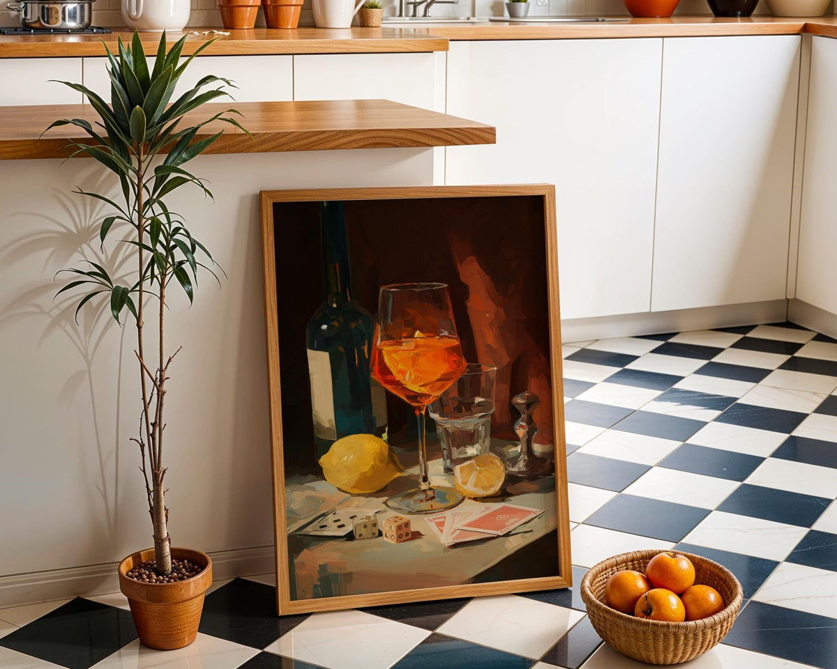 Moody Wine Martini Still Life Wall Art, Playing Cards & Dice, Dark Bar Décor, Luxury Cocktail Print, Games night by The Wa...
