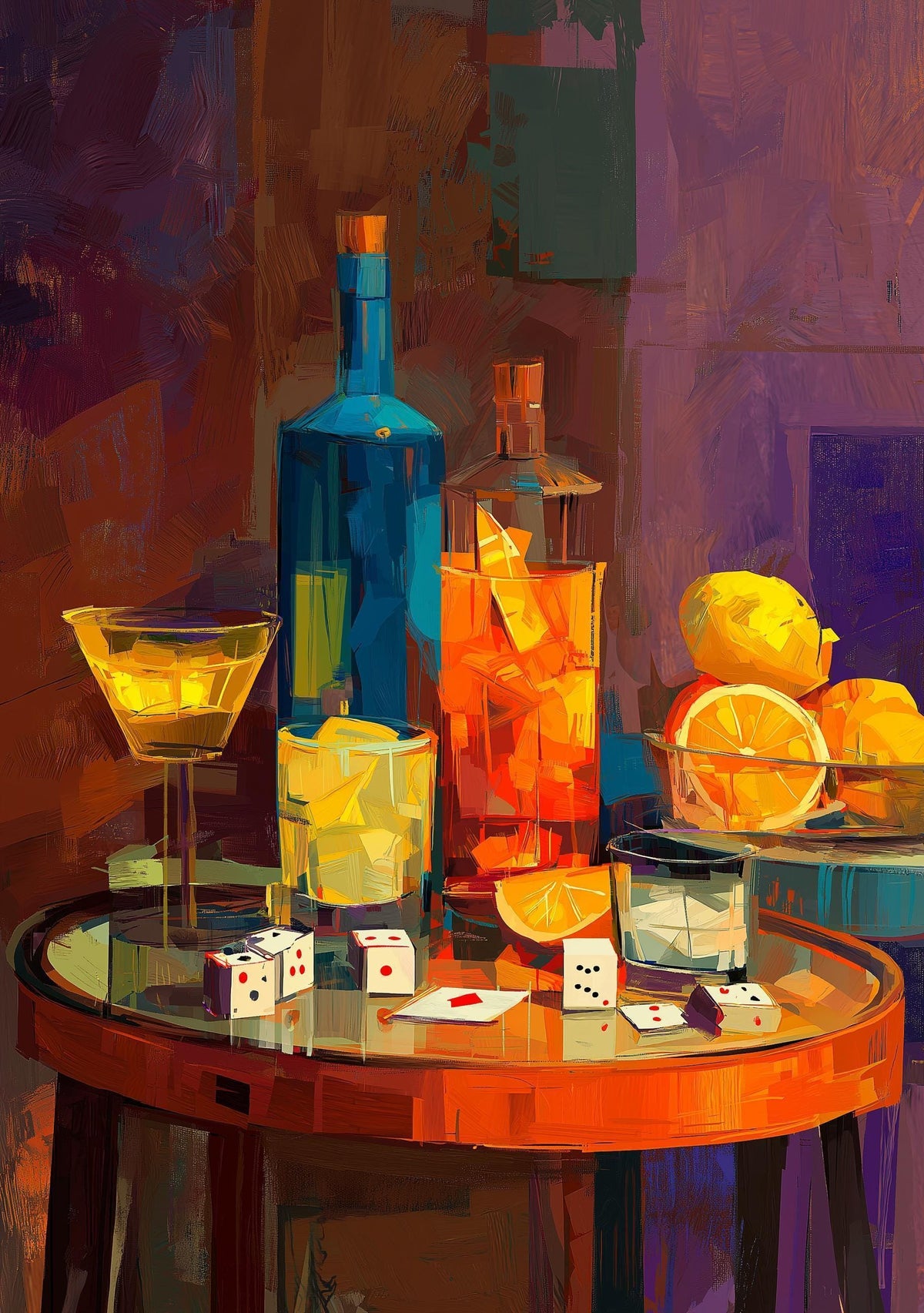 Moody Wine Martini Still Life Wall Art, Playing Cards & Dice, Dark Bar Décor, Luxury Cocktail Print, Games night by The Wa...
