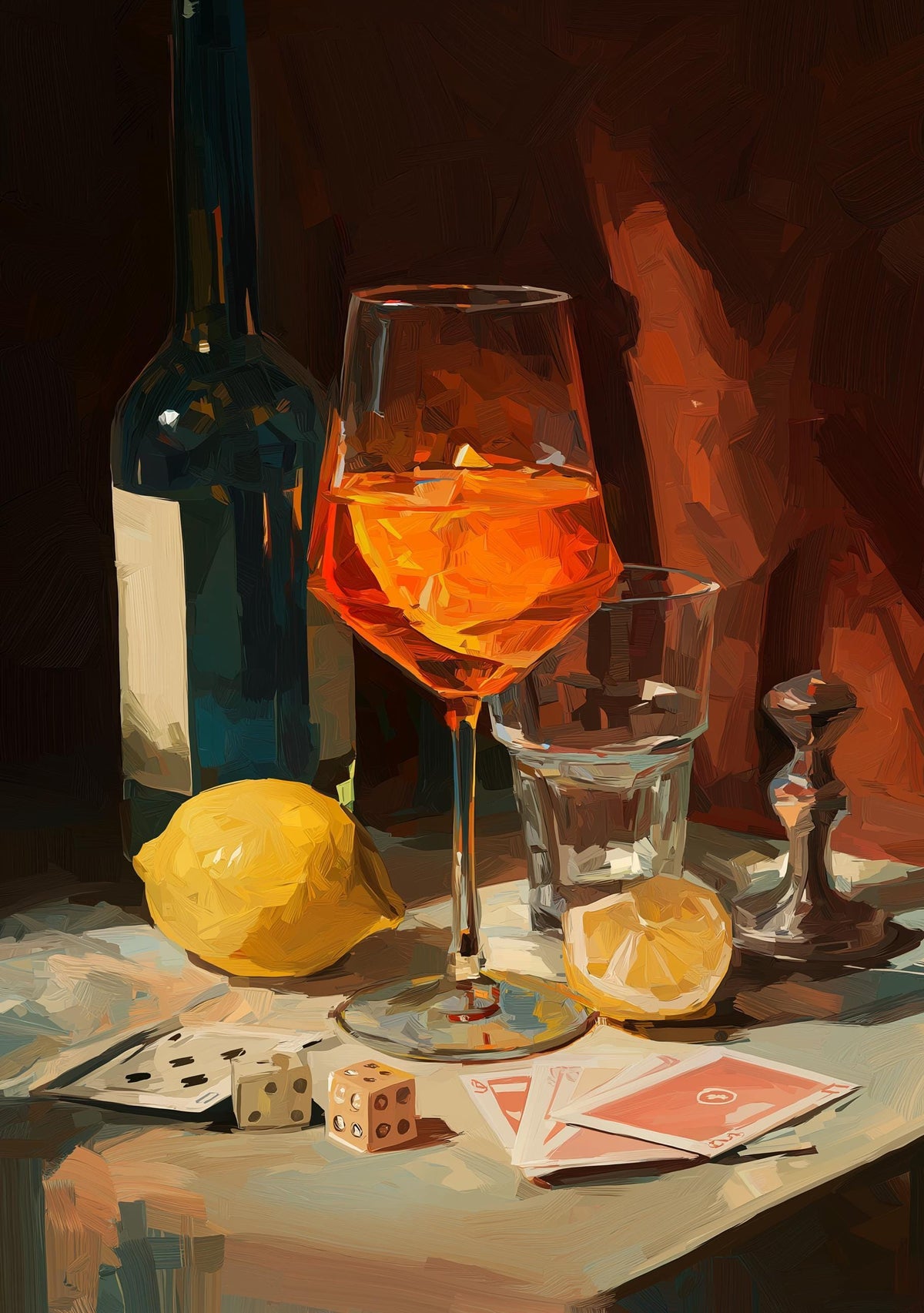 Moody Wine Martini Still Life Wall Art, Playing Cards & Dice, Dark Bar Décor, Luxury Cocktail Print, Games night by The Wa...