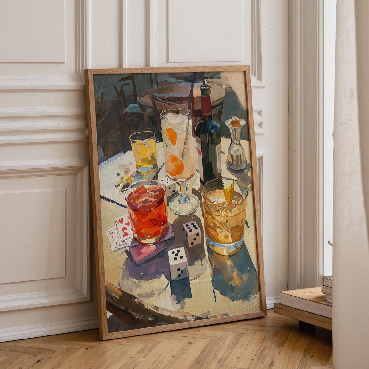 Moody Wine Martini Still Life Wall Art, Playing Cards & Dice, Dark Bar Décor, Luxury Cocktail Print, Games night by The Wa...