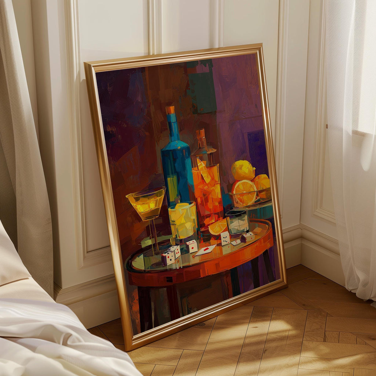 Moody Wine Martini Still Life Wall Art, Playing Cards & Dice, Dark Bar Décor, Luxury Cocktail Print, Games night by The Wa...