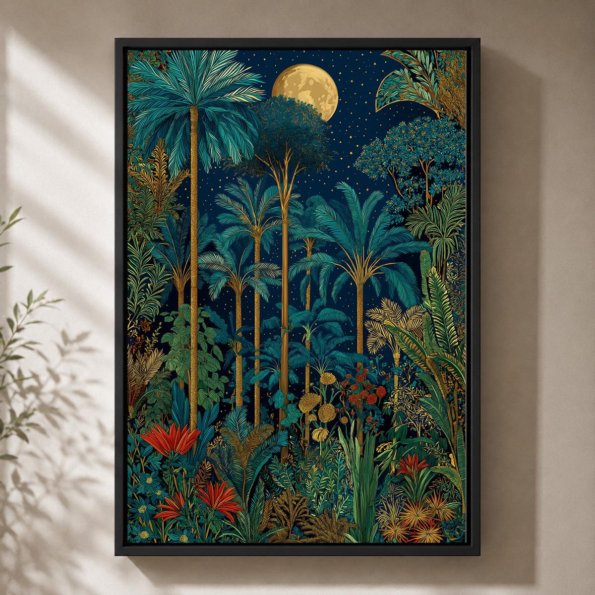 Moonlit Tropical Palm Tree Framed Canvas Art, Botanical Jungle Wall Decor by The Wall Art Studio - physical