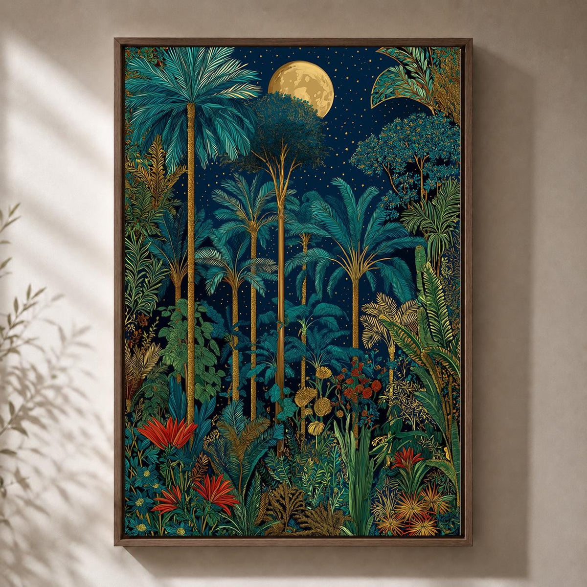 Moonlit Tropical Palm Tree Framed Canvas Art, Botanical Jungle Wall Decor by The Wall Art Studio - physical