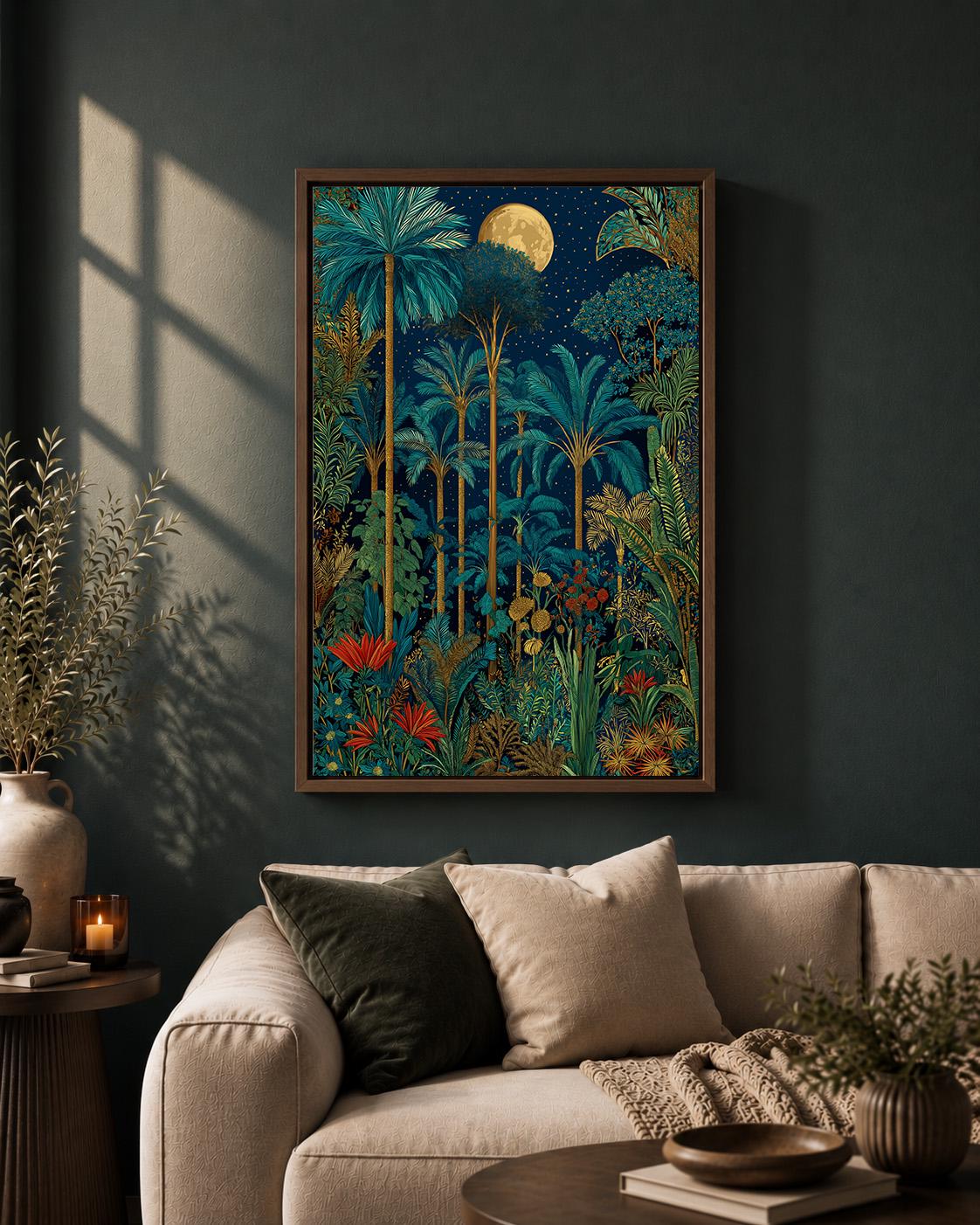 Moonlit Tropical Palm Tree Framed Canvas Art, Botanical Jungle Wall Decor by The Wall Art Studio - physical