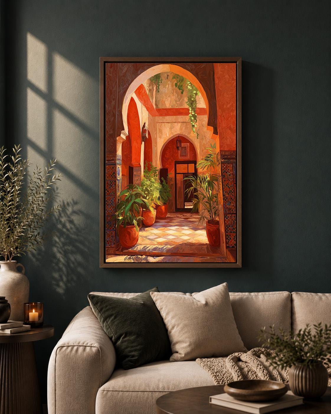 Moroccan Courtyard Framed Canvas Art, Sunlit Riad Architecture, Mediterranean Boho Travel Print by The Wall Art Studio - p...