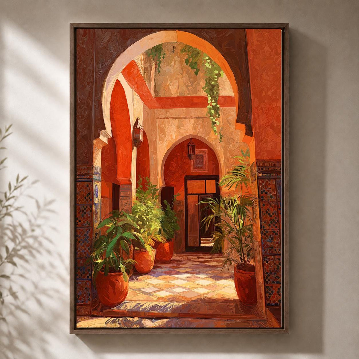 Moroccan Courtyard Framed Canvas Art, Sunlit Riad Architecture, Mediterranean Boho Travel Print by The Wall Art Studio - p...