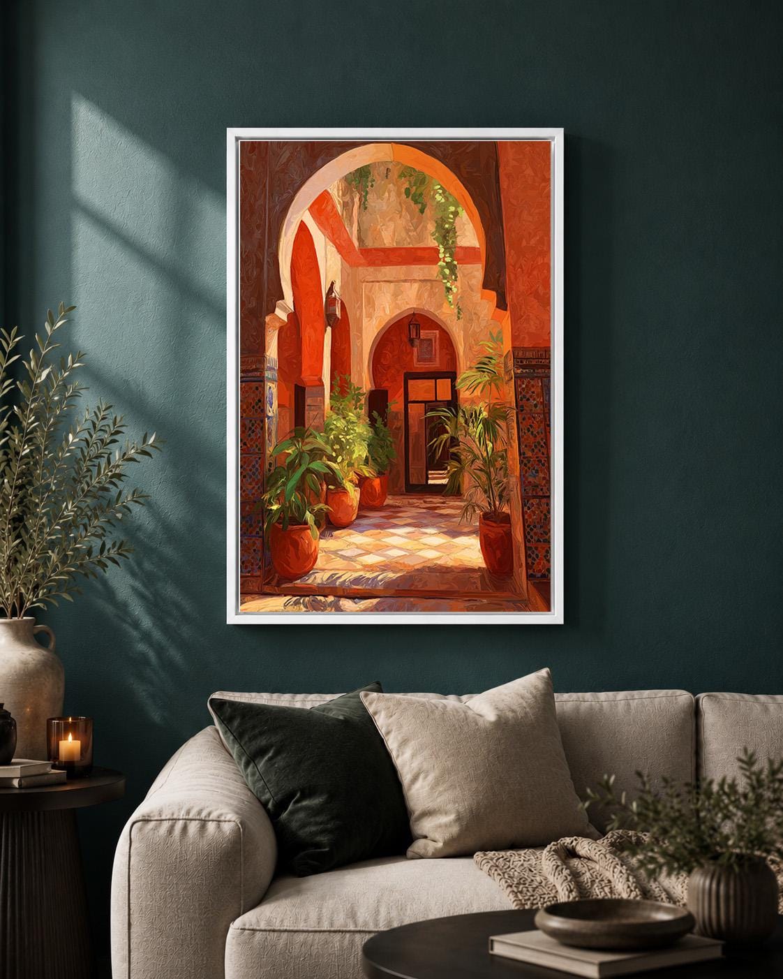 Moroccan Courtyard Framed Canvas Art, Sunlit Riad Architecture, Mediterranean Boho Travel Print by The Wall Art Studio - p...