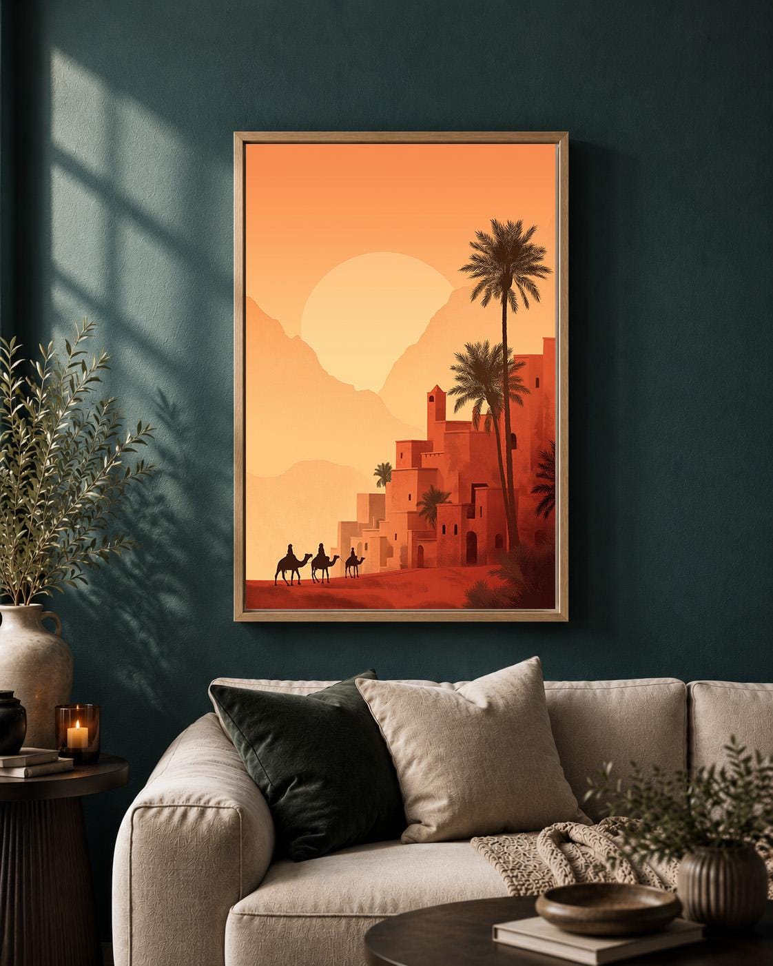 Moroccan Desert Sunset Framed Canvas Art, Boho Oasis Landscape Print, Terracotta Framed Wall Decor by The Wall Art Studio...