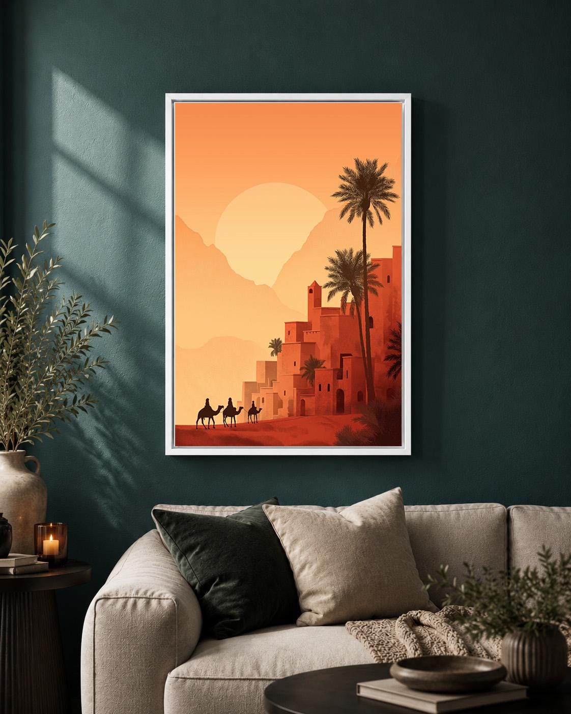 Moroccan Desert Sunset Framed Canvas Art, Boho Oasis Landscape Print, Terracotta Framed Wall Decor by The Wall Art Studio...