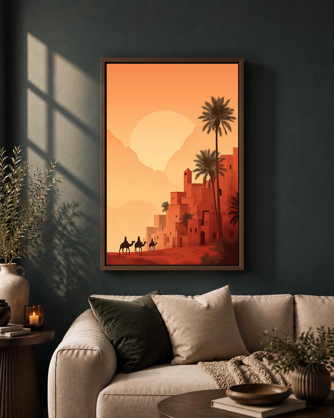 Moroccan Desert Sunset Framed Canvas Art, Boho Oasis Landscape Print, Terracotta Framed Wall Decor by The Wall Art Studio...