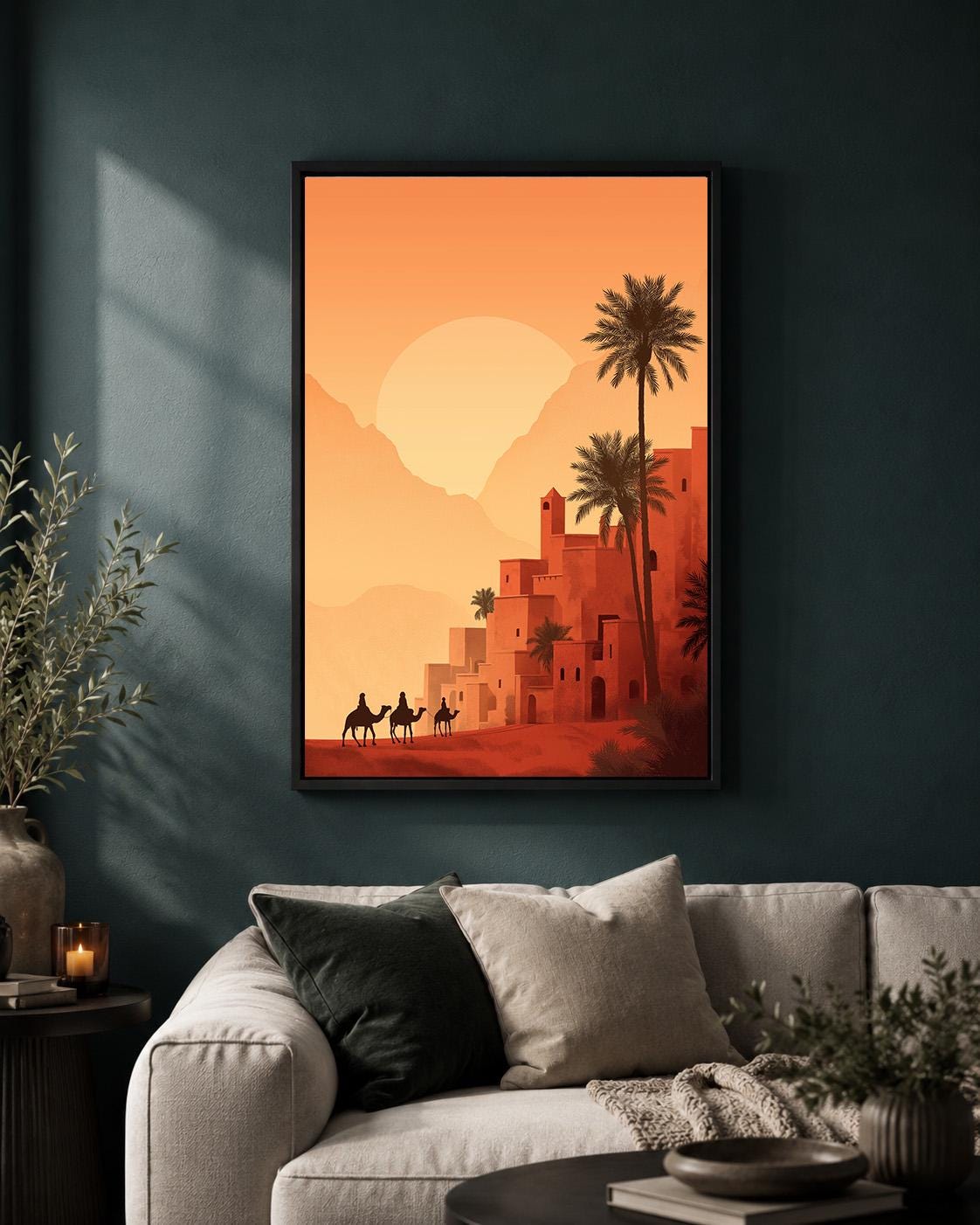 Moroccan Desert Sunset Framed Canvas Art, Boho Oasis Landscape Print, Terracotta Framed Wall Decor by The Wall Art Studio...