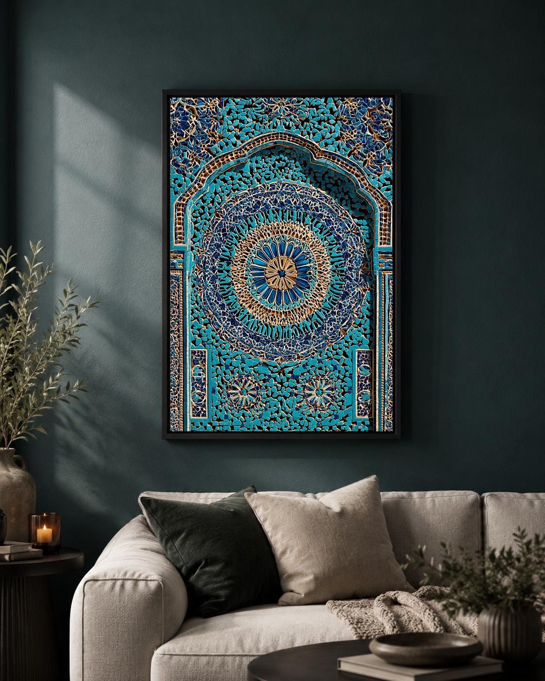 Moroccan Mosaic Framed Canvas Art, Blue Turkish Tile Print, Boho Mediterranean Geometric Decor by The Wall Art Studio - ph...