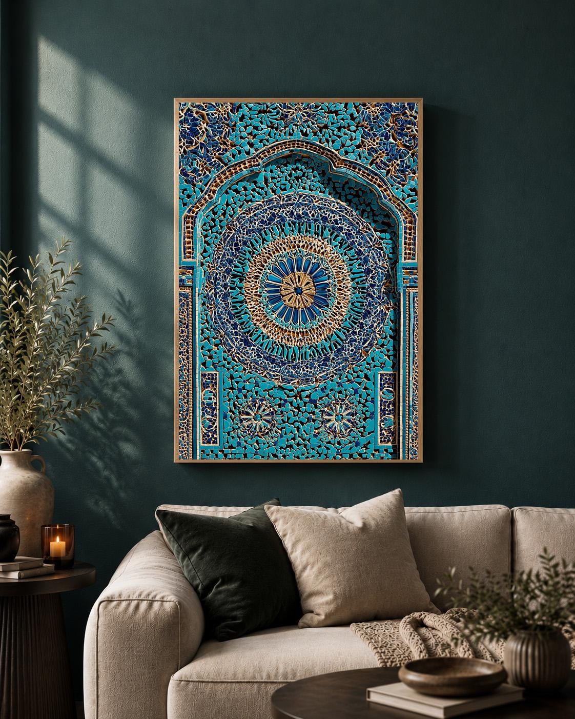 Moroccan Mosaic Framed Canvas Art, Blue Turkish Tile Print, Boho Mediterranean Geometric Decor by The Wall Art Studio - ph...