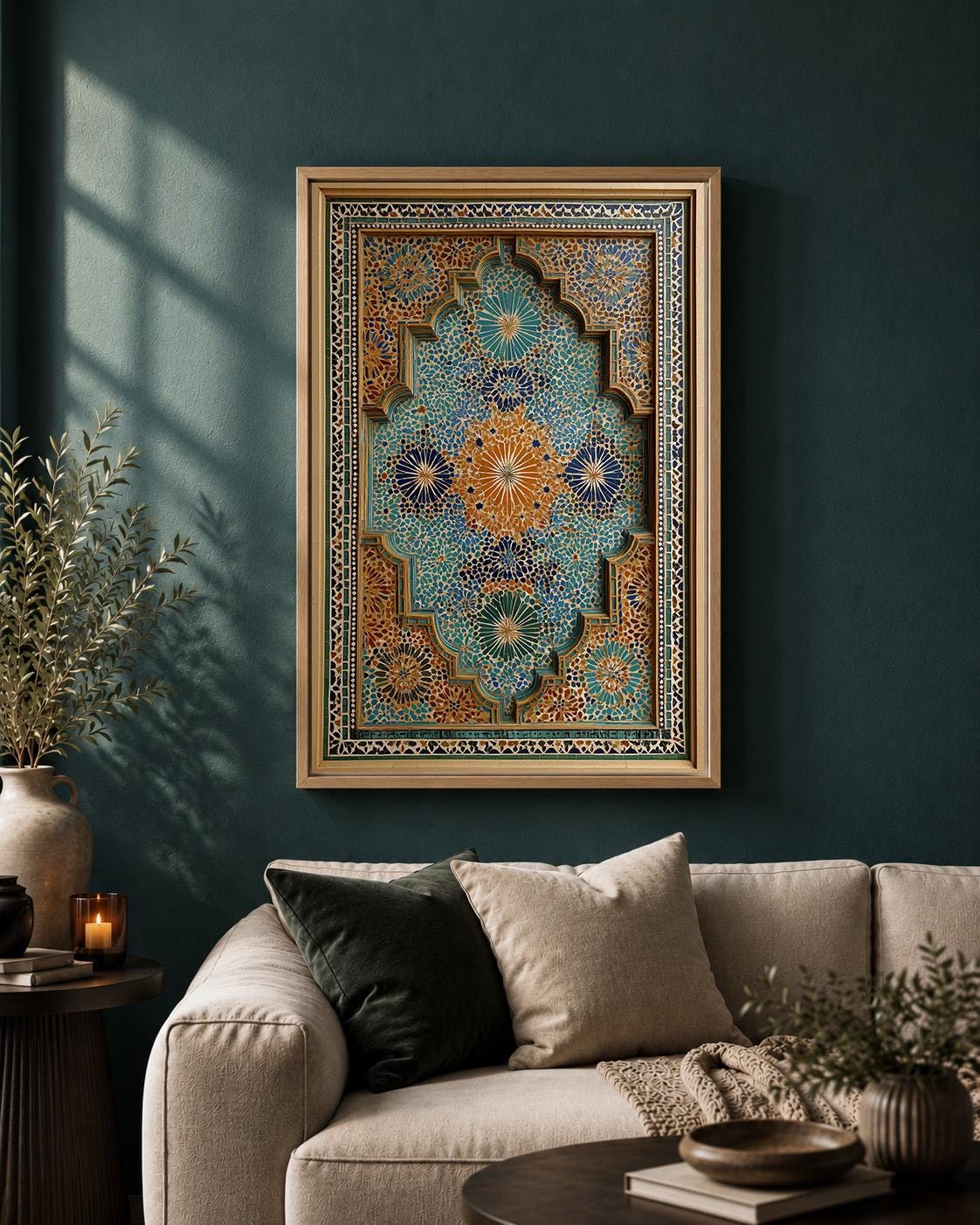 Moroccan Mosaic Framed Canvas, Islamic Geometric Tile Decor by The Wall Art Studio - physical