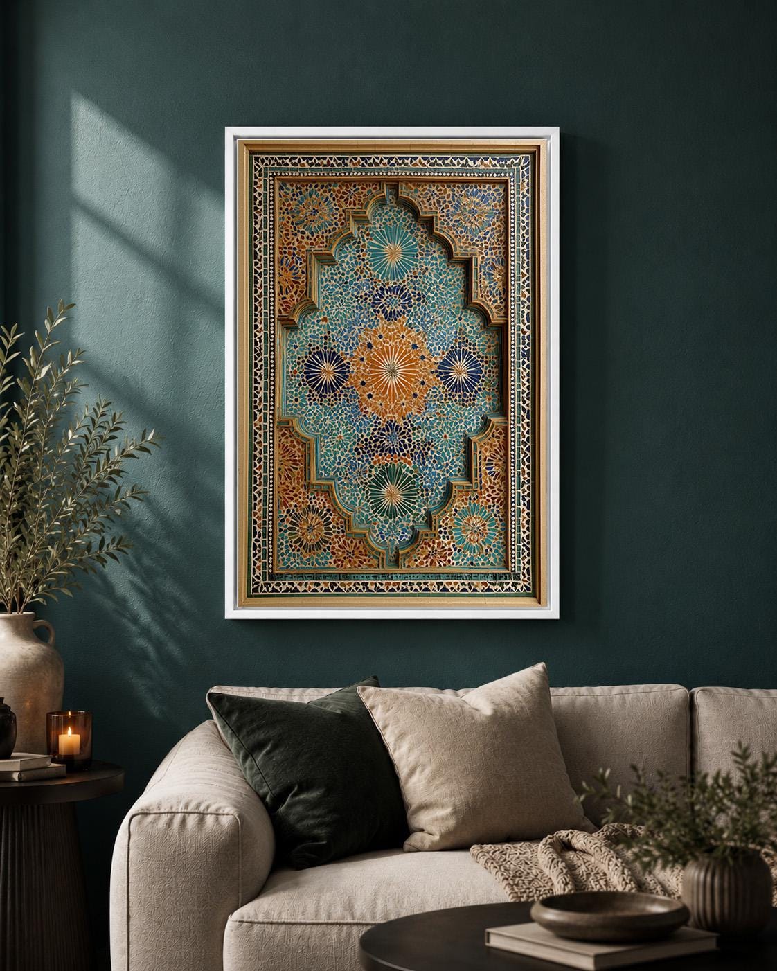 Moroccan Mosaic Framed Canvas, Islamic Geometric Tile Decor by The Wall Art Studio - physical