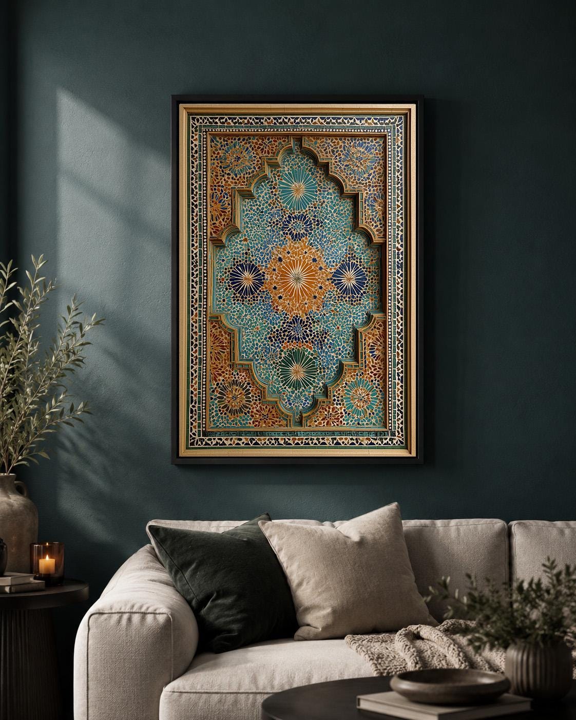 Moroccan Mosaic Framed Canvas, Islamic Geometric Tile Decor by The Wall Art Studio - physical