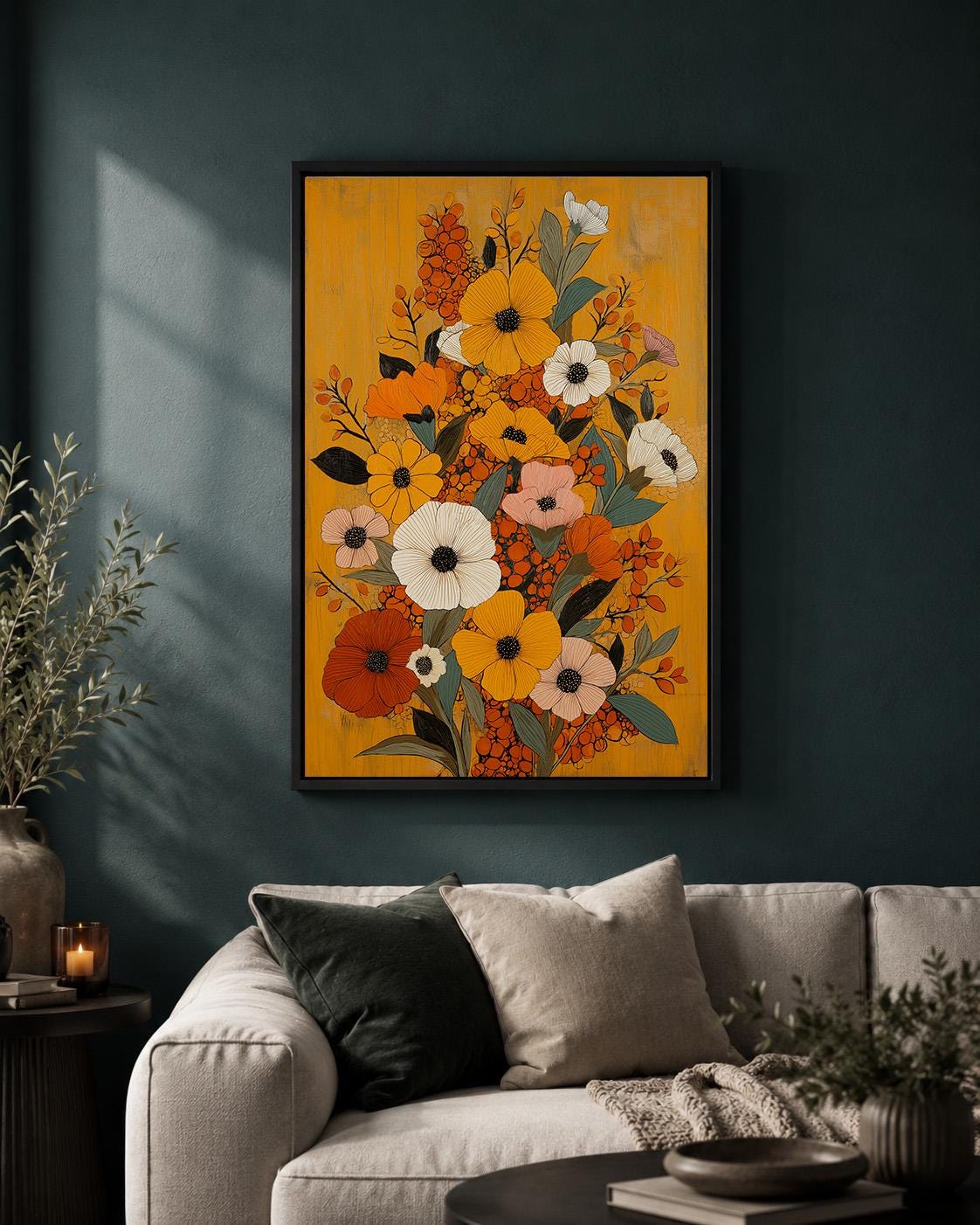 Mustard Yellow Floral Framed Canvas Art, Mid Century Modern Botanical Print, Retro Framed Decor by The Wall Art Studio - p...