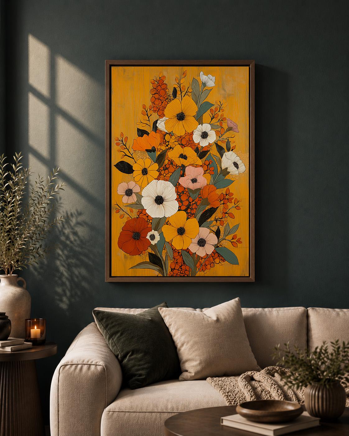 Mustard Yellow Floral Framed Canvas Art, Mid Century Modern Botanical Print, Retro Framed Decor by The Wall Art Studio - p...