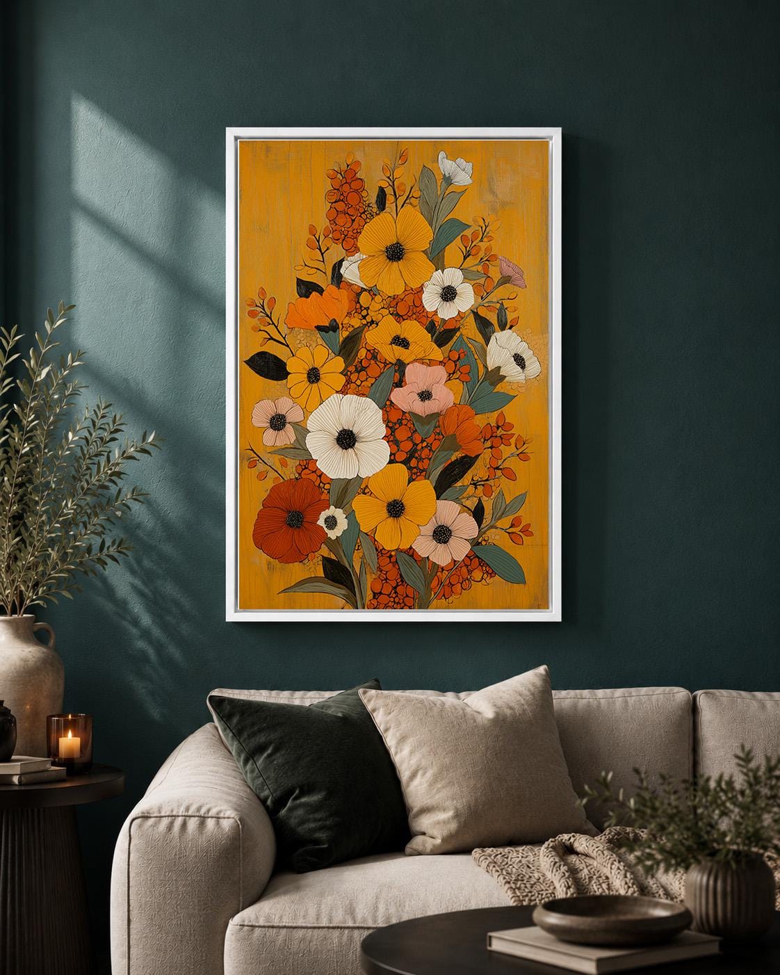 Mustard Yellow Floral Framed Canvas Art, Mid Century Modern Botanical Print, Retro Framed Decor by The Wall Art Studio - p...