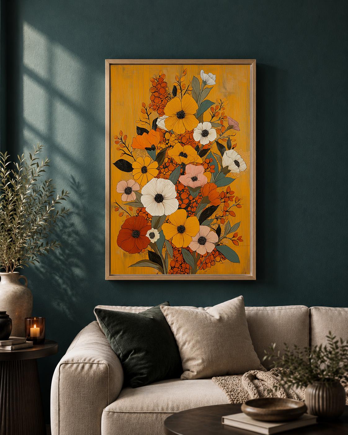 Mustard Yellow Floral Framed Canvas Art, Mid Century Modern Botanical Print, Retro Framed Decor by The Wall Art Studio - p...