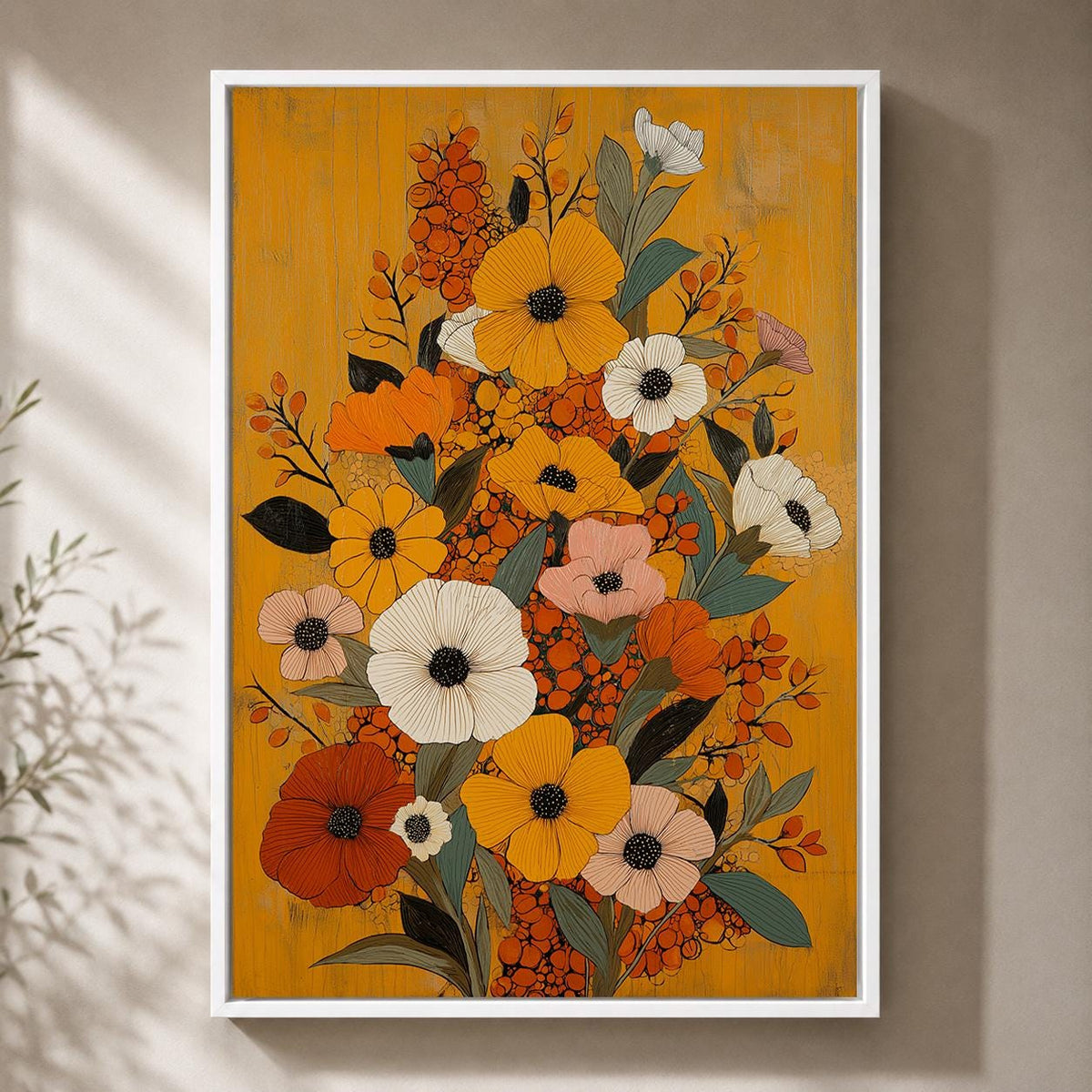 Mustard Yellow Floral Framed Canvas Art, Mid Century Modern Botanical Print, Retro Framed Decor by The Wall Art Studio - p...