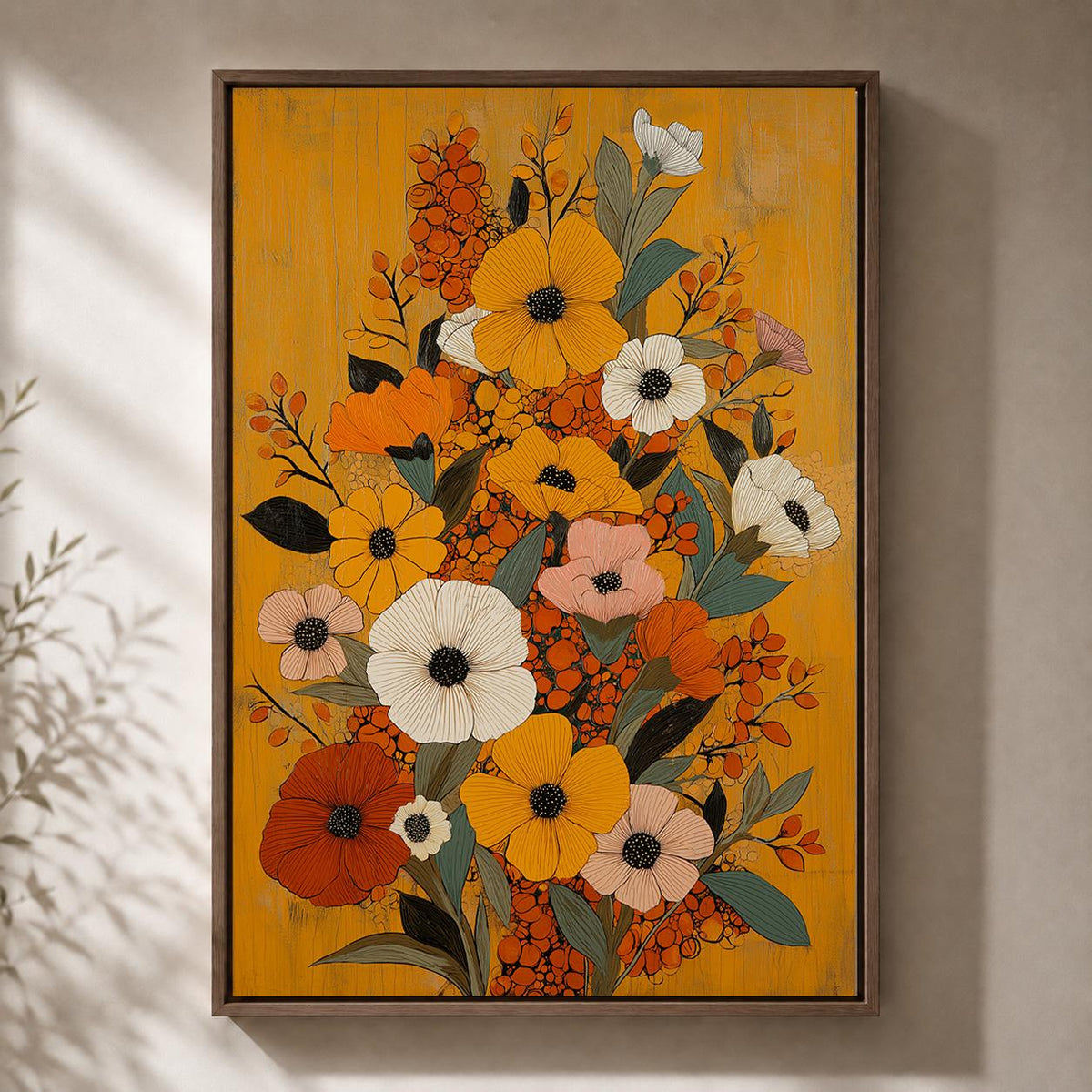 Mustard Yellow Floral Framed Canvas Art, Mid Century Modern Botanical Print, Retro Framed Decor by The Wall Art Studio - p...