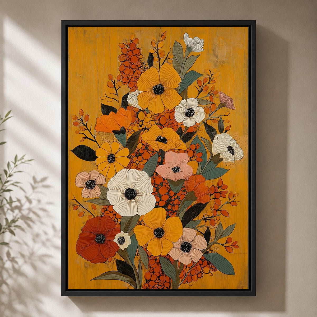 Mustard Yellow Floral Framed Canvas Art, Mid Century Modern Botanical Print, Retro Framed Decor by The Wall Art Studio - p...