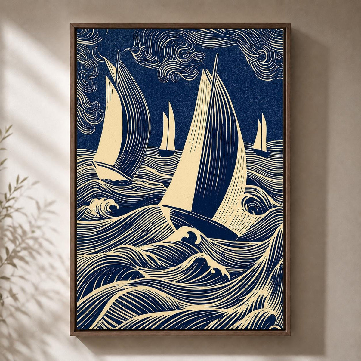Nautical Sailboat Linocut Framed Canvas, Blue Coastal Ocean Wave Artwork, Framed Canvas Home Decor by The Wall Art Studio...