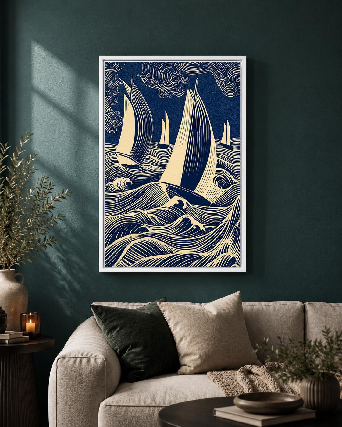 Nautical Sailboat Linocut Framed Canvas, Blue Coastal Ocean Wave Artwork, Framed Canvas Home Decor by The Wall Art Studio...