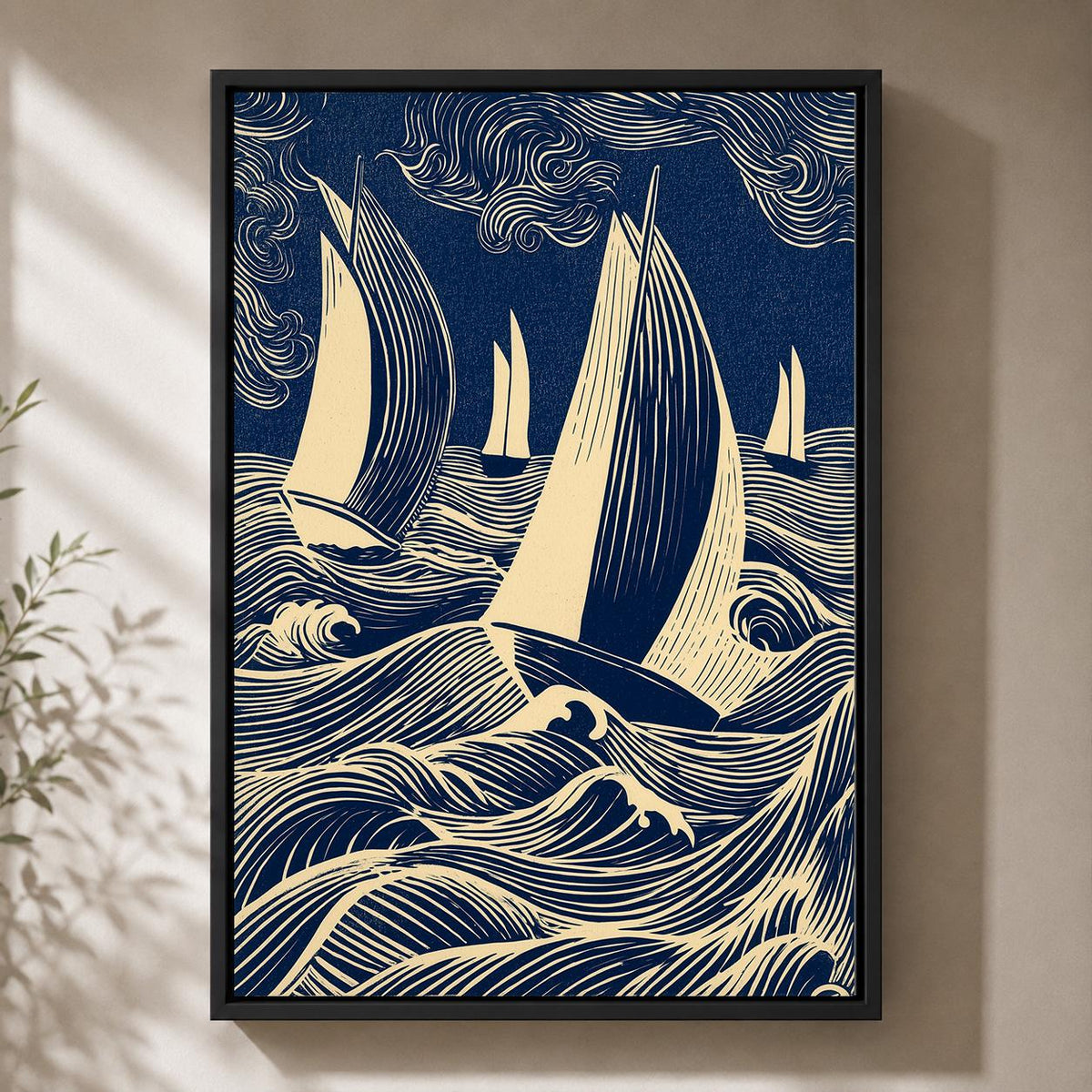 Nautical Sailboat Linocut Framed Canvas, Blue Coastal Ocean Wave Artwork, Framed Canvas Home Decor by The Wall Art Studio...