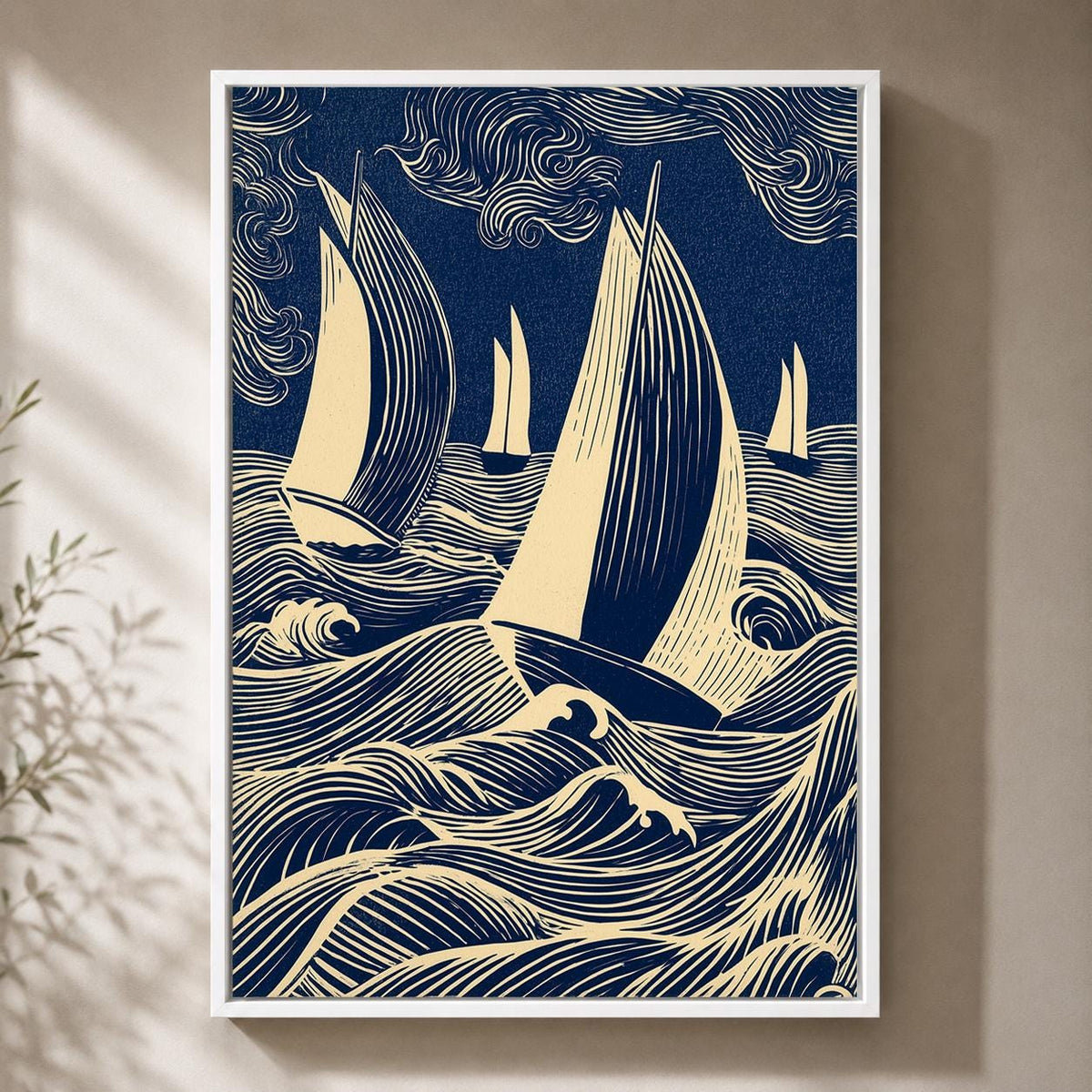 Nautical Sailboat Linocut Framed Canvas, Blue Coastal Ocean Wave Artwork, Framed Canvas Home Decor by The Wall Art Studio...
