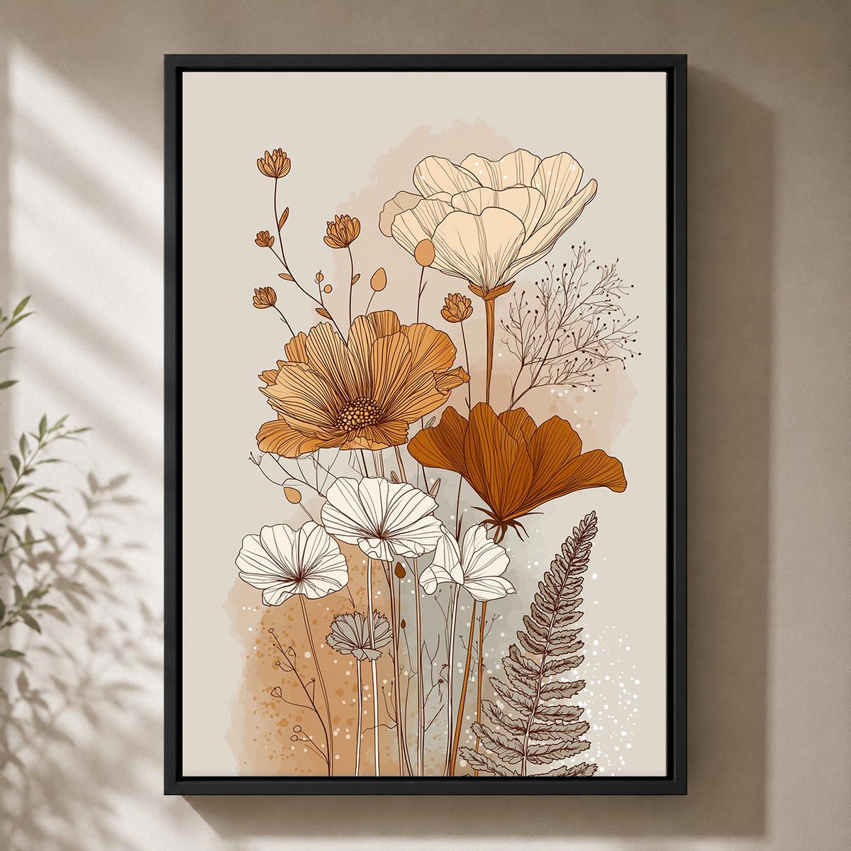 Neutral Botanical Framed Canvas Art, Minimalist Wildflower Line Print, Beige Boho Floral Decor by The Wall Art Studio - ph...