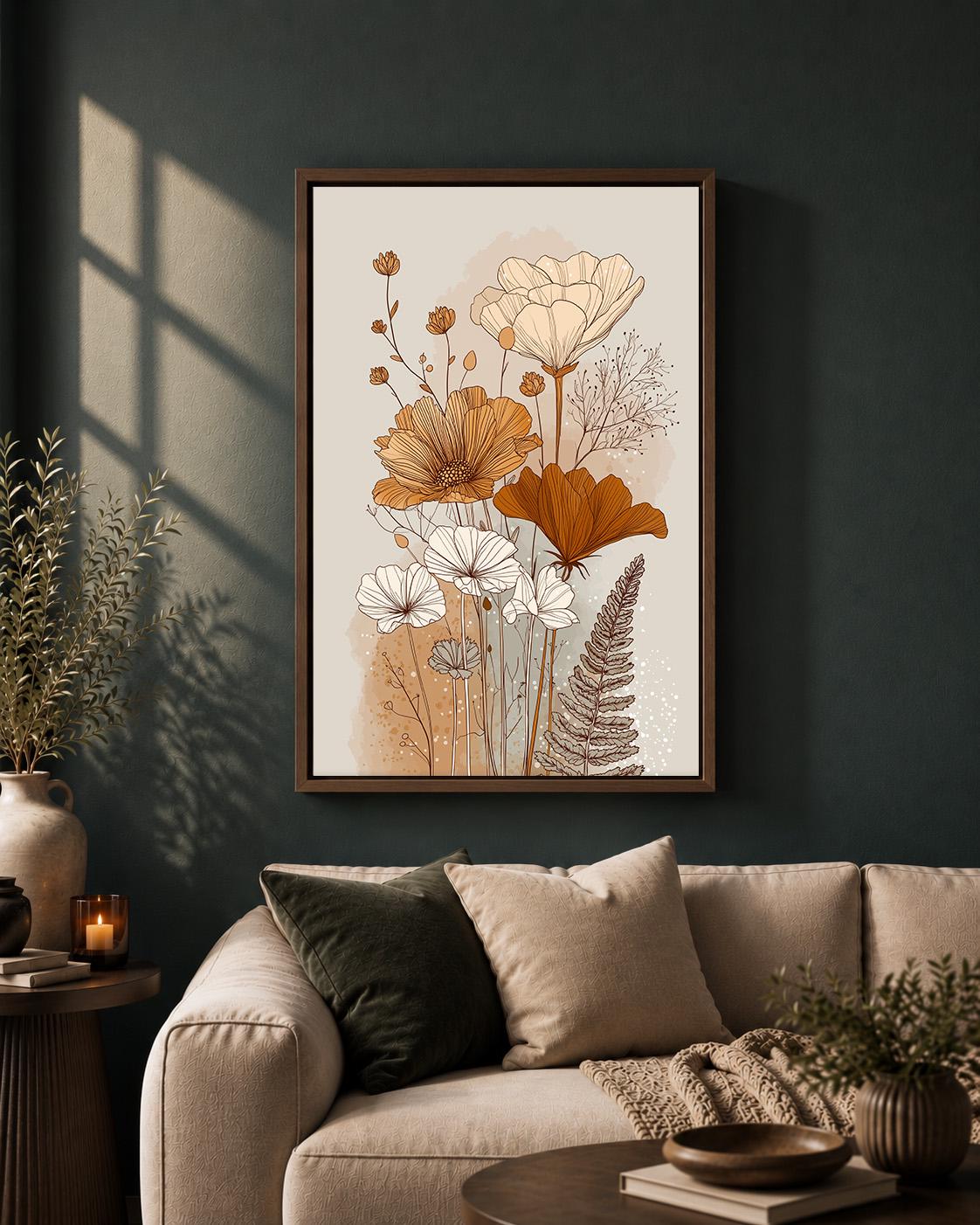 Neutral Botanical Framed Canvas Art, Minimalist Wildflower Line Print, Beige Boho Floral Decor by The Wall Art Studio - ph...