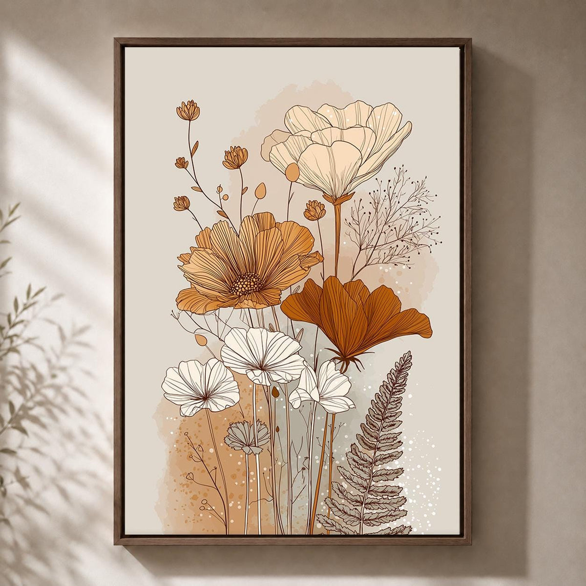 Neutral Botanical Framed Canvas Art, Minimalist Wildflower Line Print, Beige Boho Floral Decor by The Wall Art Studio - ph...