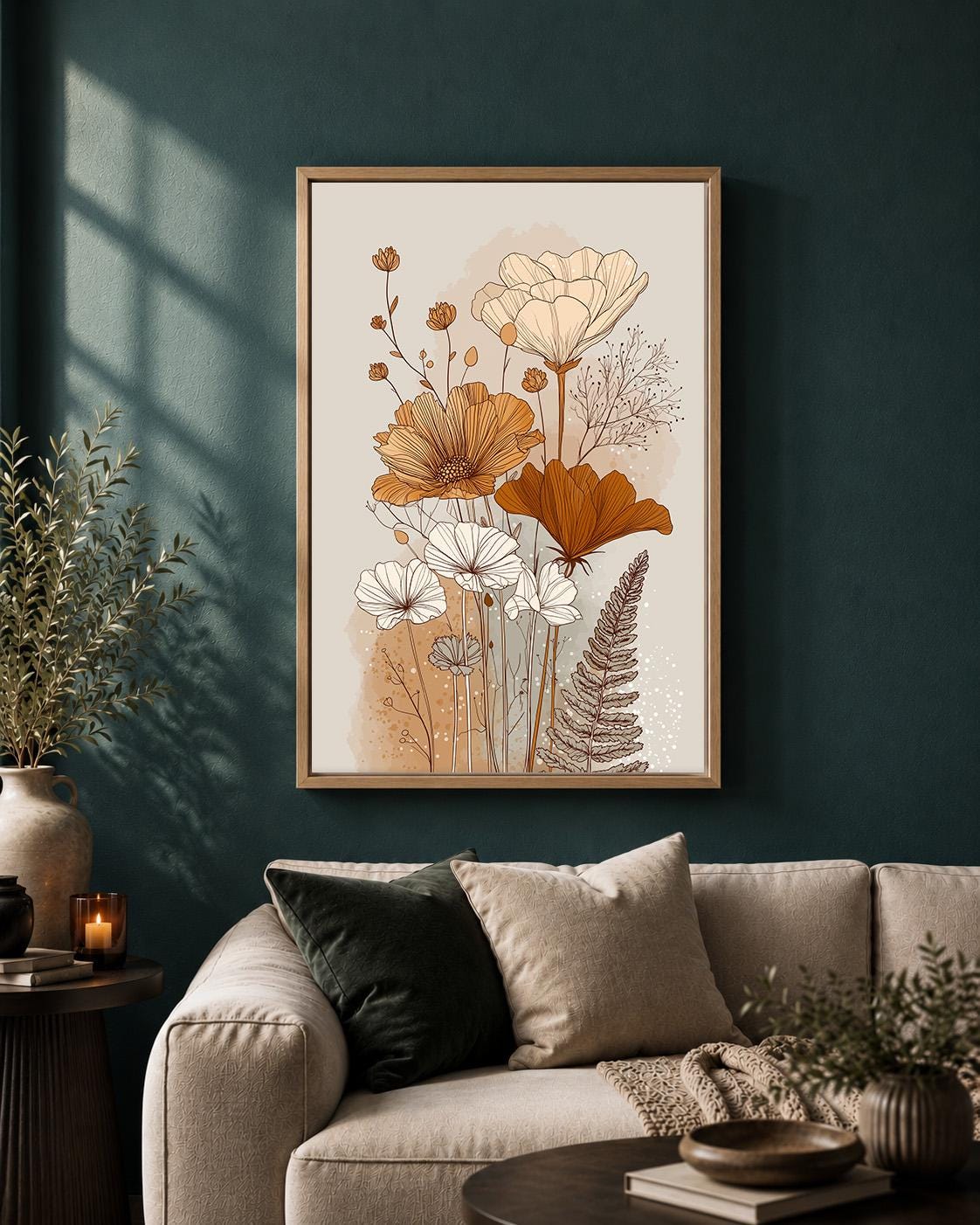 Neutral Botanical Framed Canvas Art, Minimalist Wildflower Line Print, Beige Boho Floral Decor by The Wall Art Studio - ph...