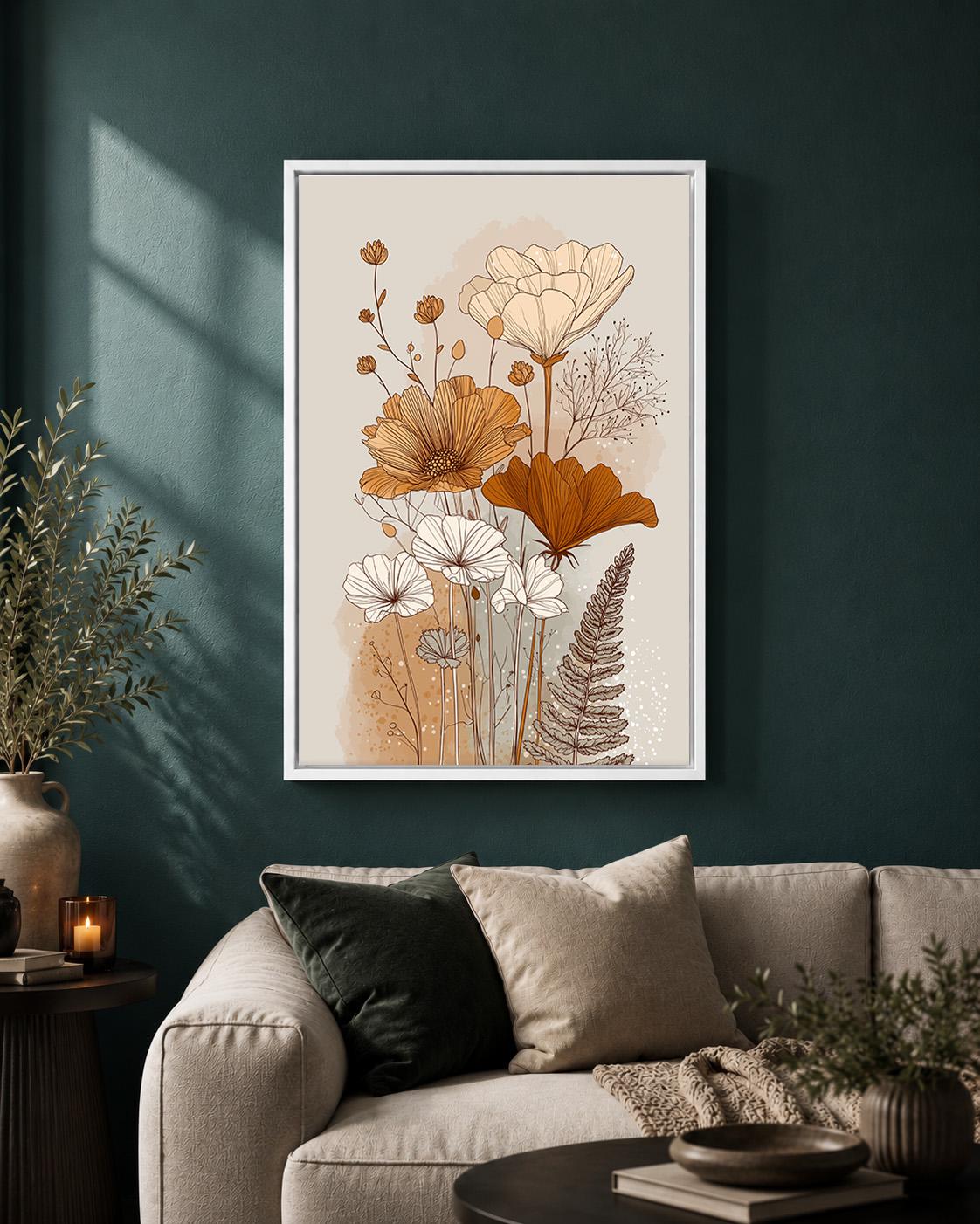 Neutral Botanical Framed Canvas Art, Minimalist Wildflower Line Print, Beige Boho Floral Decor by The Wall Art Studio - ph...