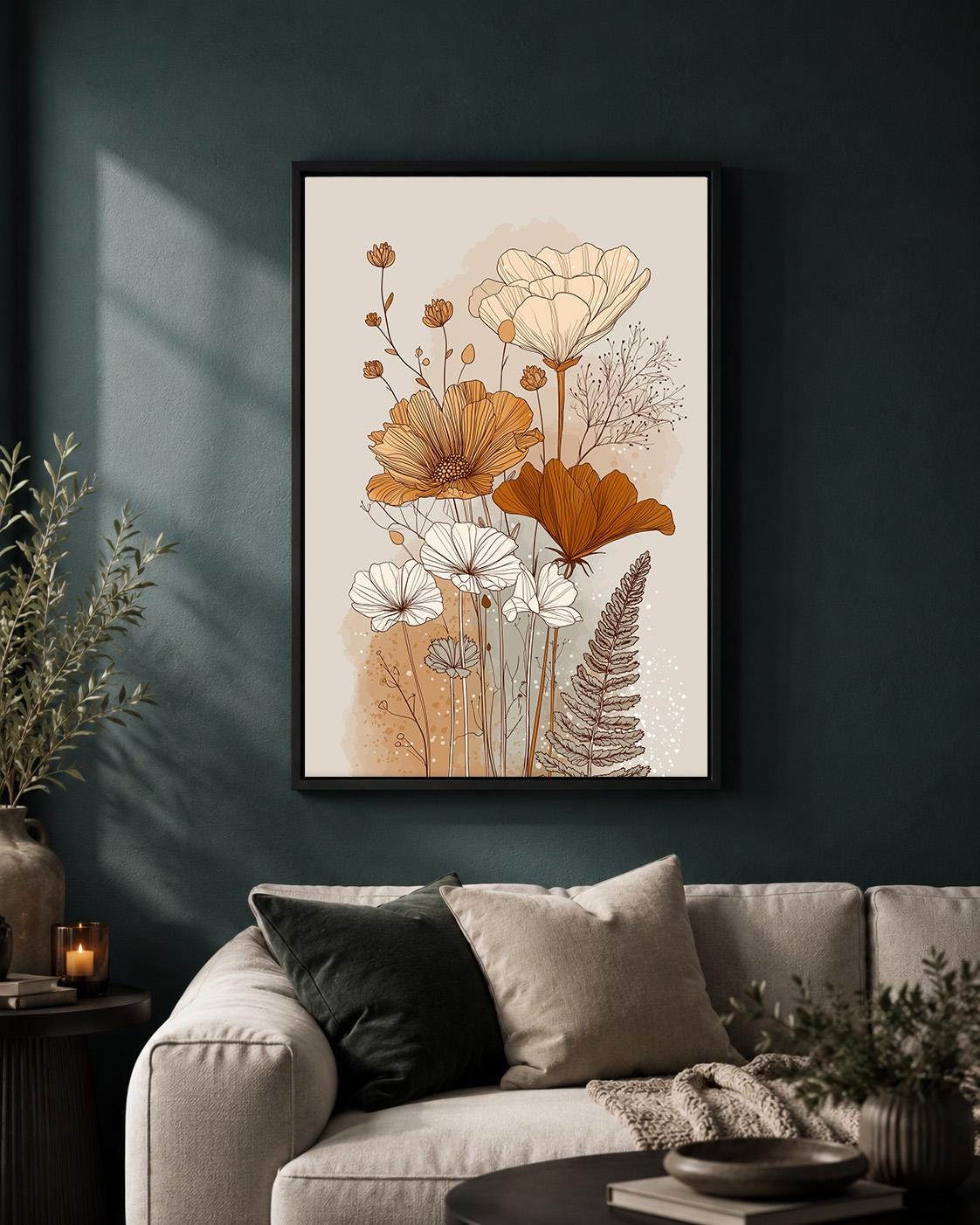 Neutral Botanical Framed Canvas Art, Minimalist Wildflower Line Print, Beige Boho Floral Decor by The Wall Art Studio - ph...