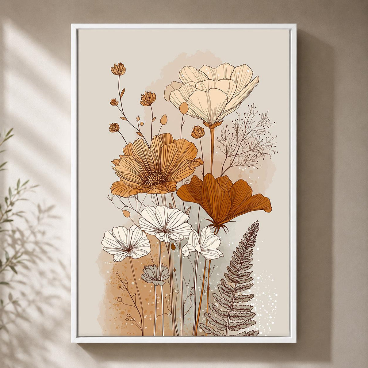 Neutral Botanical Framed Canvas Art, Minimalist Wildflower Line Print, Beige Boho Floral Decor by The Wall Art Studio - ph...