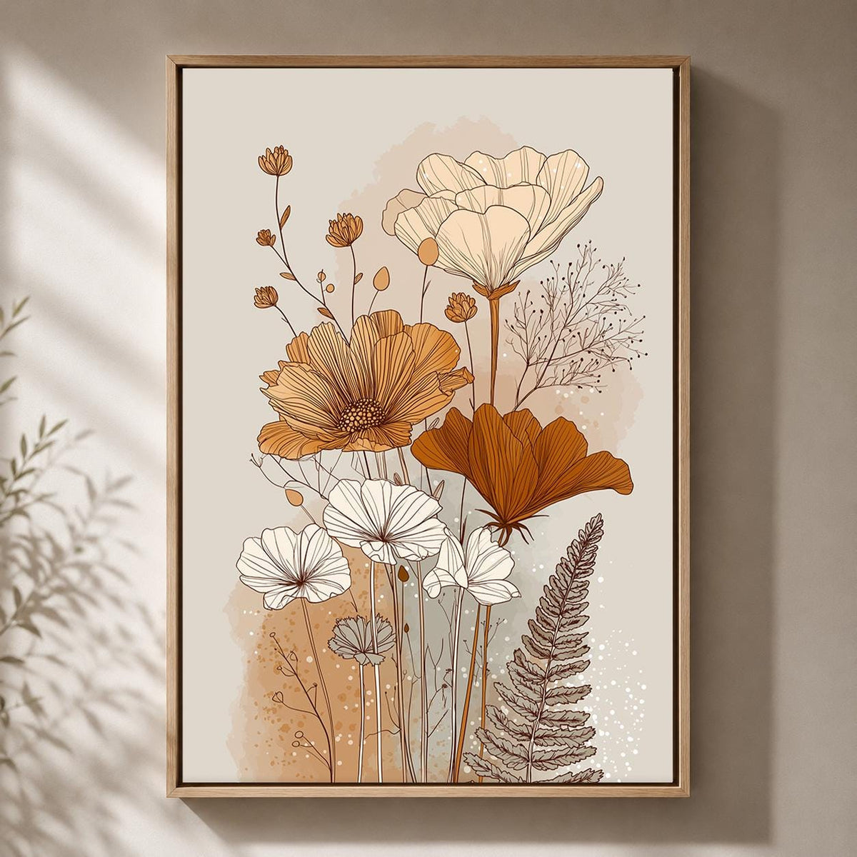 Neutral Botanical Framed Canvas Art, Minimalist Wildflower Line Print, Beige Boho Floral Decor by The Wall Art Studio - ph...