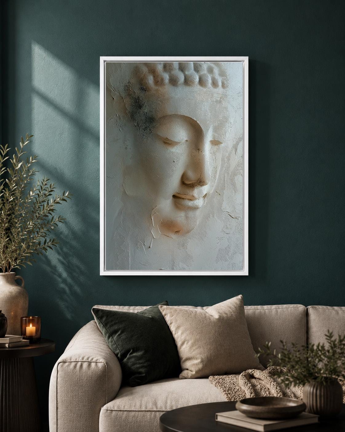 Neutral Buddha Framed Canvas Art, Zen Botanical Meditation Print, Japandi Spiritual Artwork by The Wall Art Studio - physical