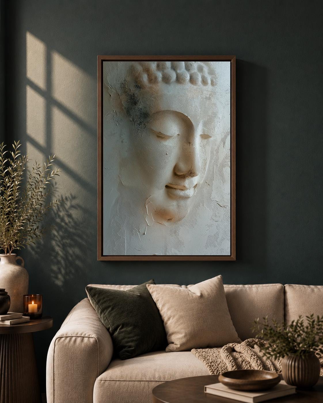 Neutral Buddha Framed Canvas Art, Zen Botanical Meditation Print, Japandi Spiritual Artwork by The Wall Art Studio - physical