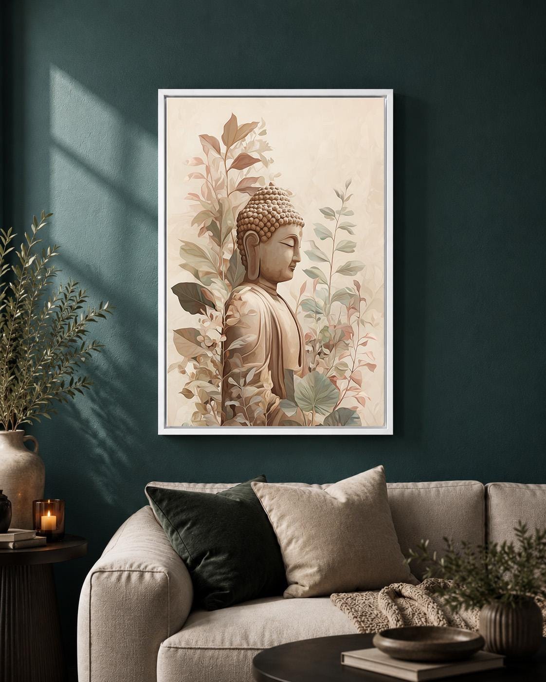 Neutral Buddha Framed Canvas Wall Art, Zen Botanical Meditation Print, Japandi Artwork by The Wall Art Studio - physical