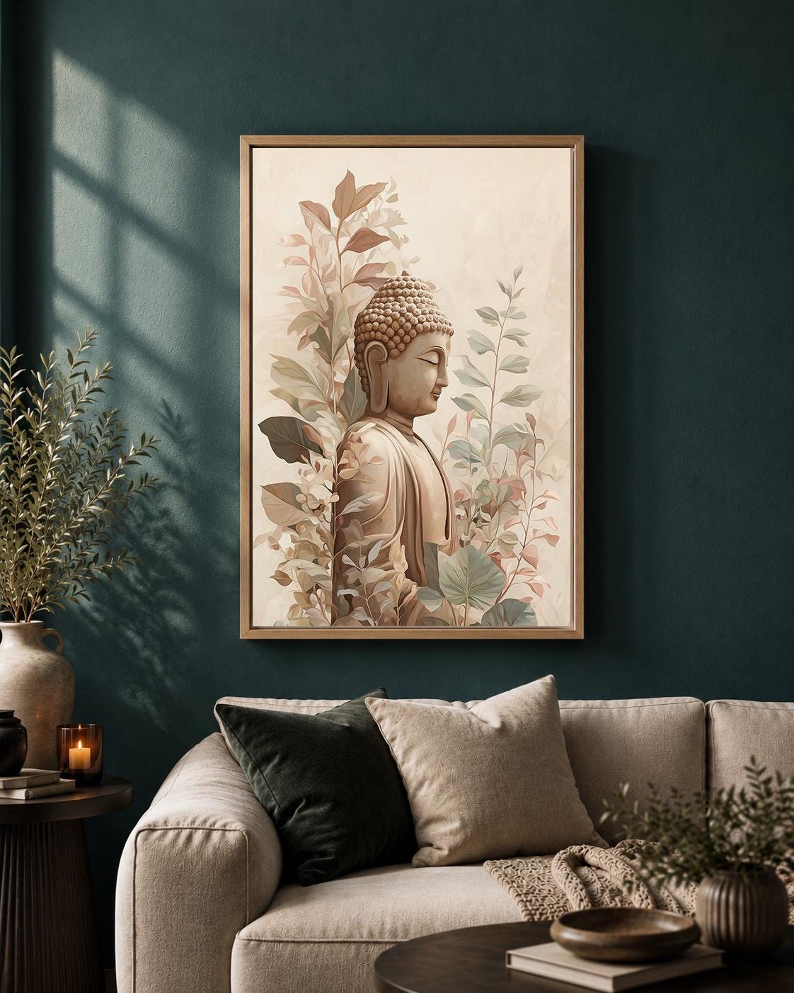 Neutral Buddha Framed Canvas Wall Art, Zen Botanical Meditation Print, Japandi Artwork by The Wall Art Studio - physical