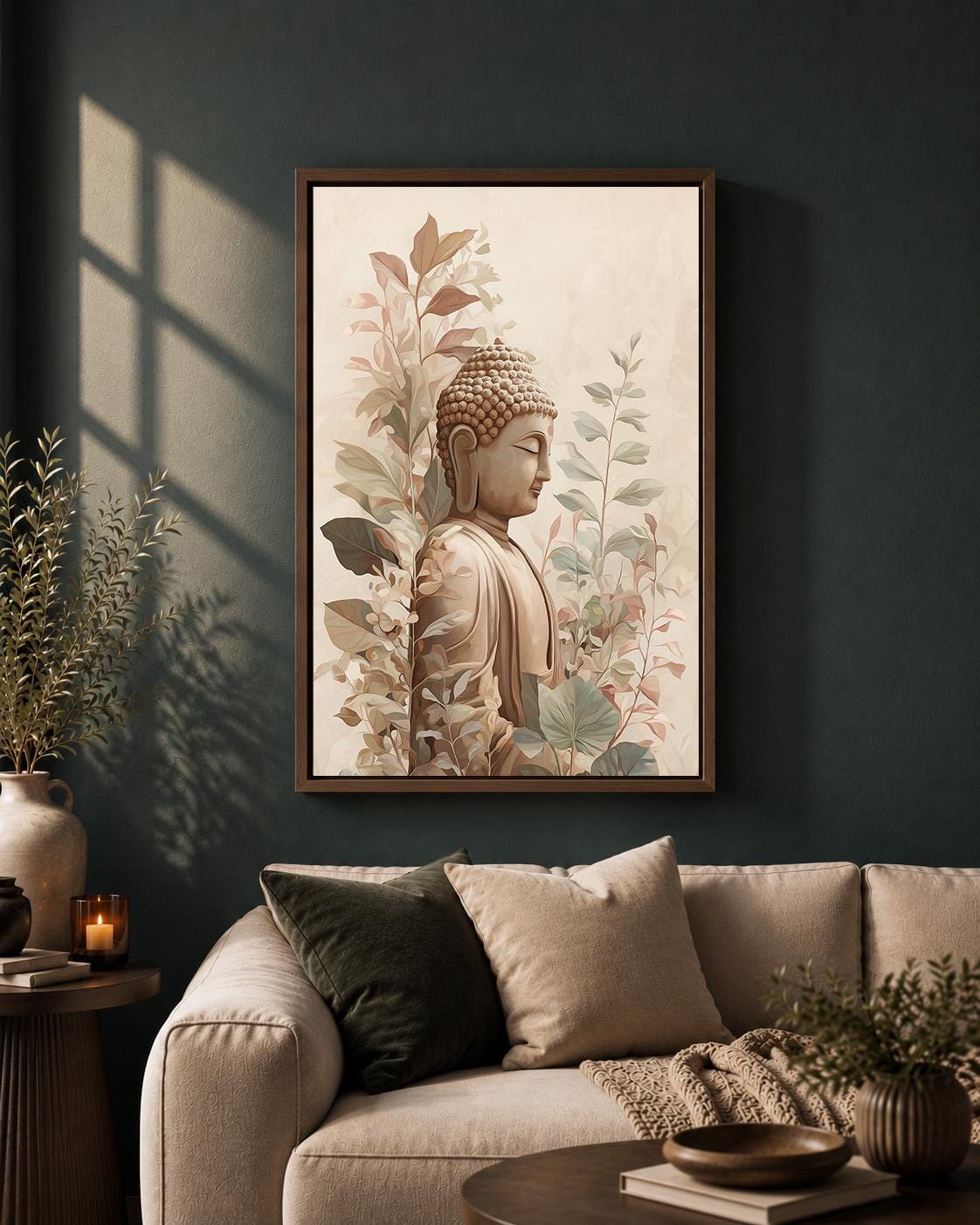 Neutral Buddha Framed Canvas Wall Art, Zen Botanical Meditation Print, Japandi Artwork by The Wall Art Studio - physical