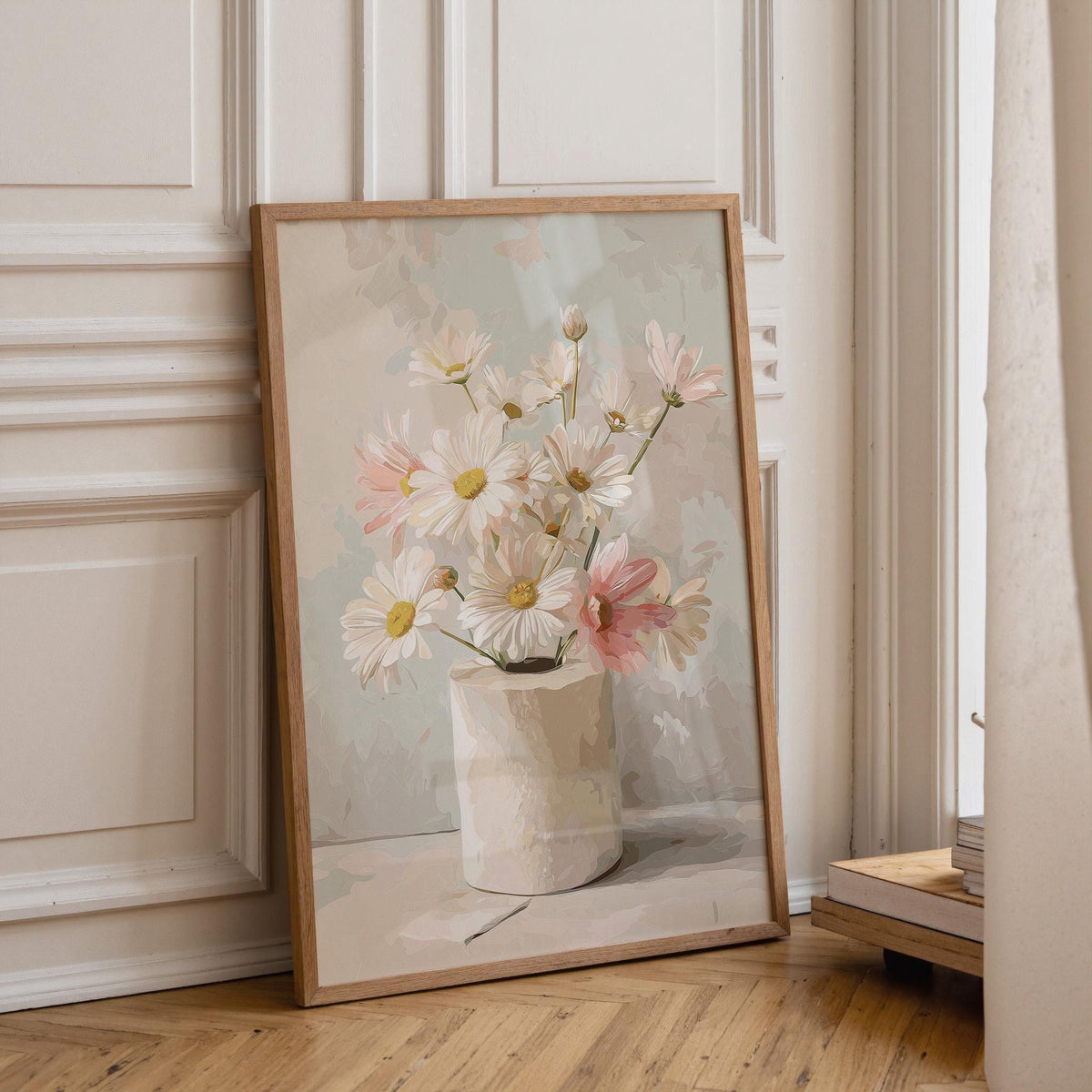 Neutral Daisy Bathroom Wall Art, Toilet Roll Floral Print, Soft Beige Botanical Poster for Minimalist Bathroom Decor (Fram...