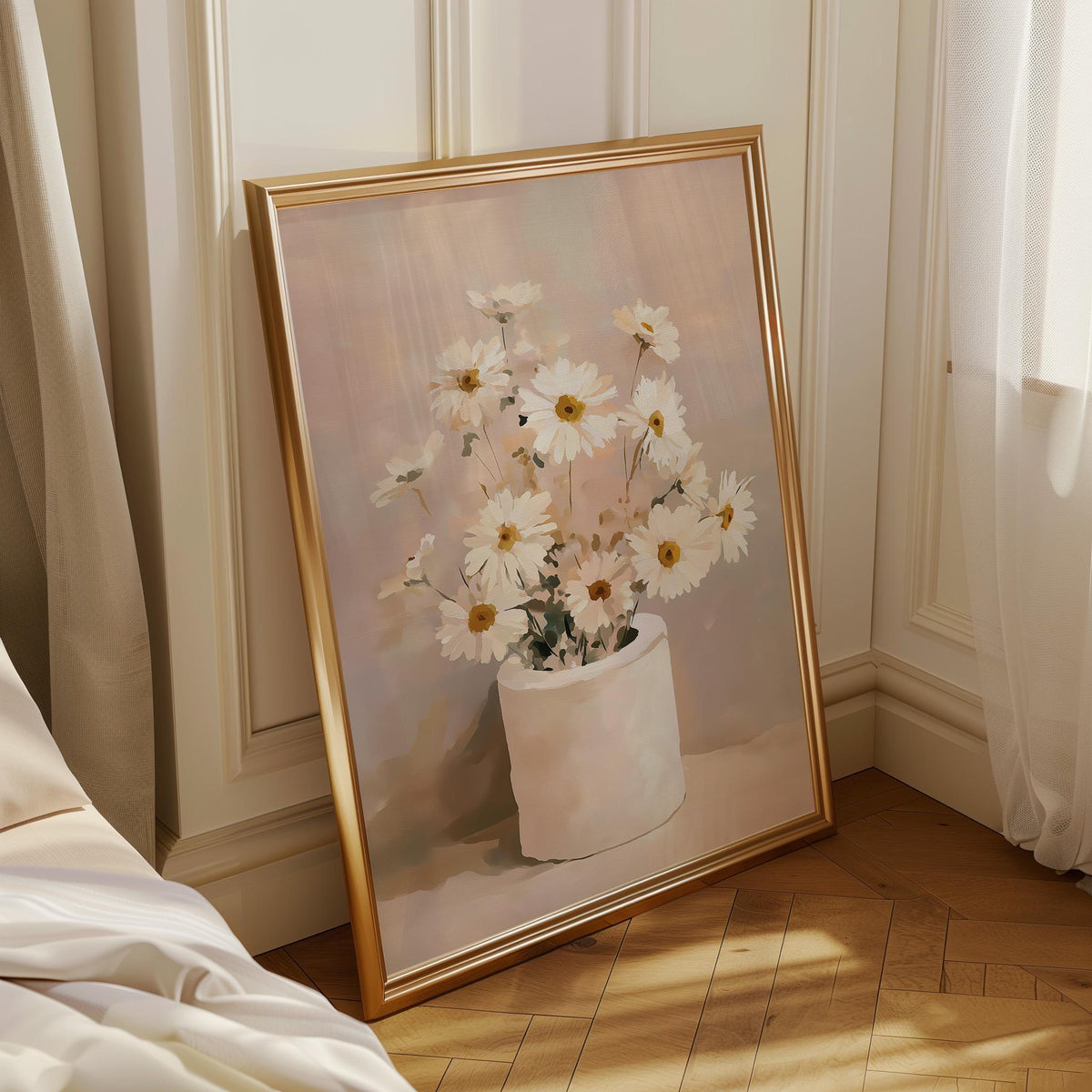Neutral Daisy Bathroom Wall Art, Toilet Roll Floral Print, Soft Beige Botanical Poster for Minimalist Bathroom Decor (Fram...