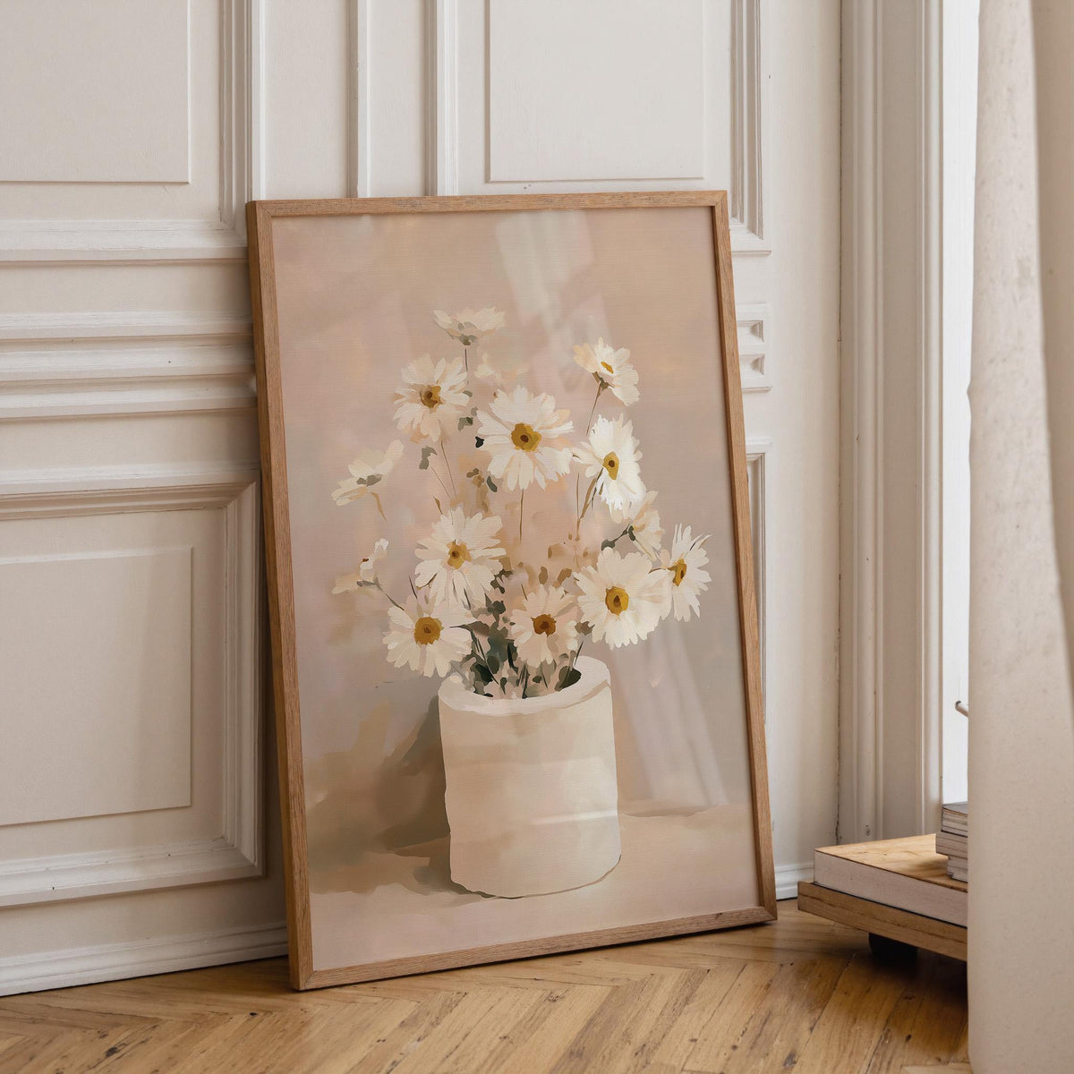 Neutral Daisy Bathroom Wall Art, Toilet Roll Floral Print, Soft Beige Botanical Poster for Minimalist Bathroom Decor (Fram...