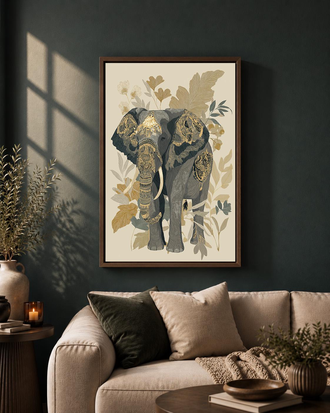 Neutral Elephant Framed Canvas Art, Boho Safari Botanical Animal Decor by The Wall Art Studio - physical